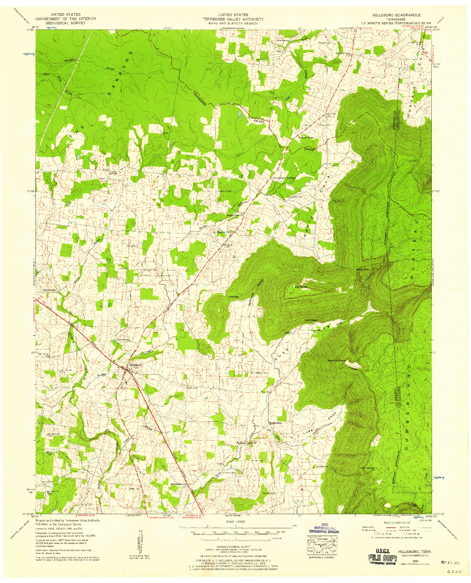 USGS 1:24000-SCALE QUADRANGLE FOR HILLSBORO, TN 1953