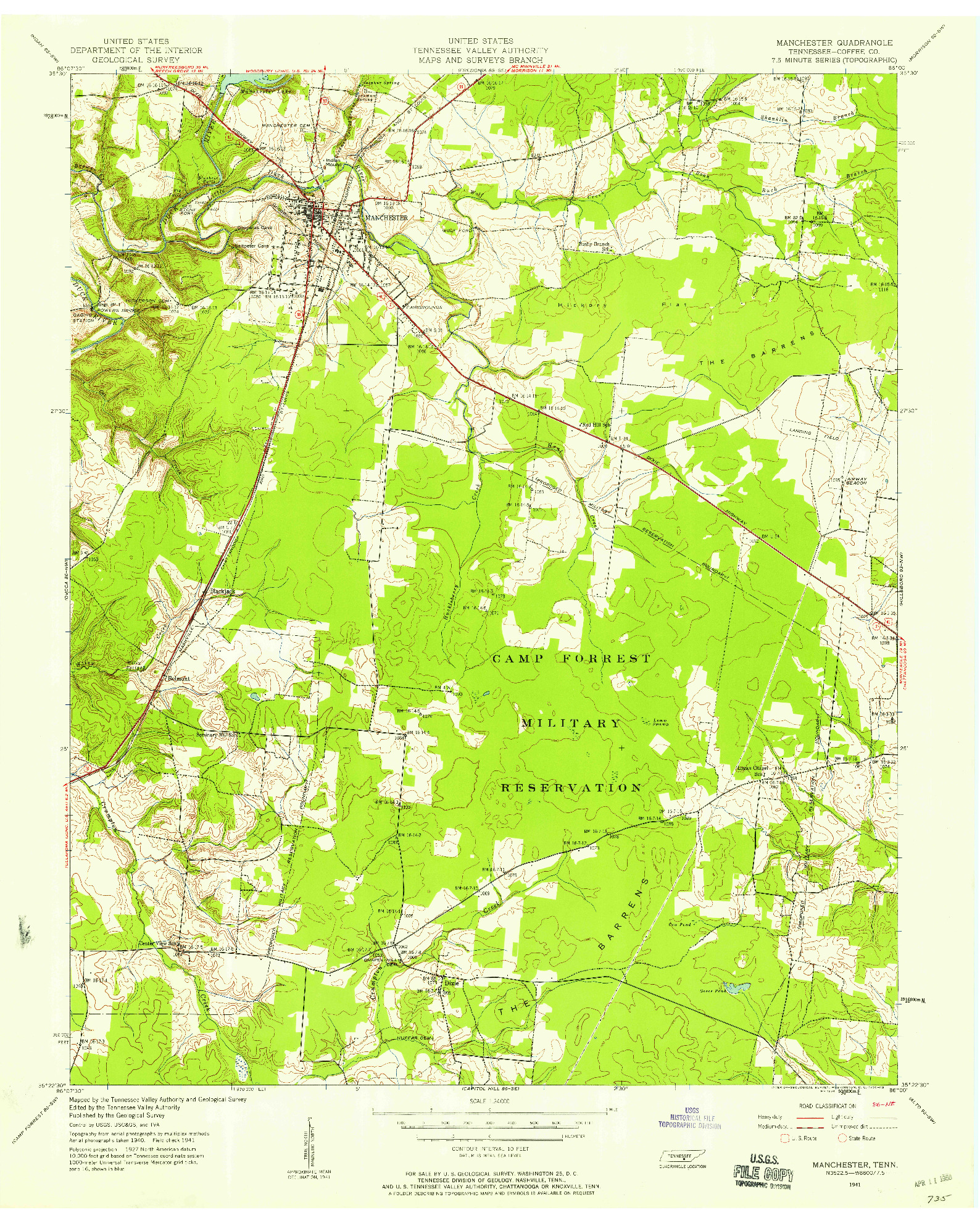 USGS 1:24000-SCALE QUADRANGLE FOR MANCHESTER, TN 1941