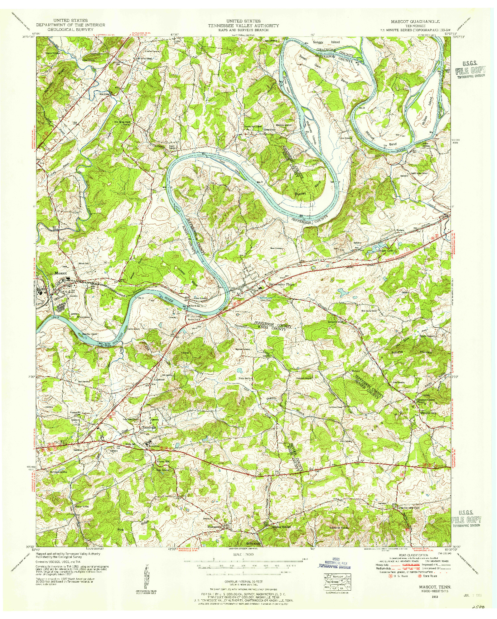 USGS 1:24000-SCALE QUADRANGLE FOR MASCOT, TN 1953