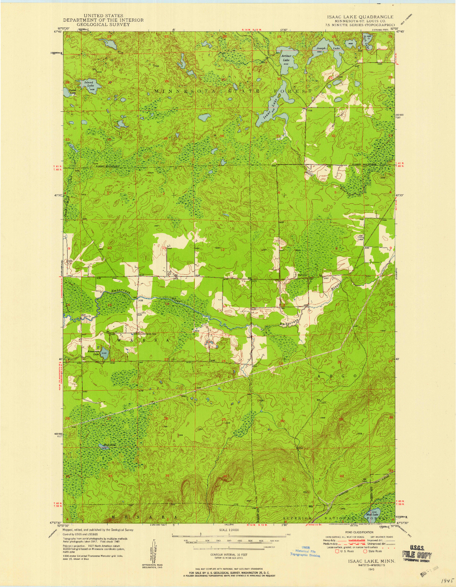 USGS 1:24000-SCALE QUADRANGLE FOR ISAAC LAKE, MN 1949
