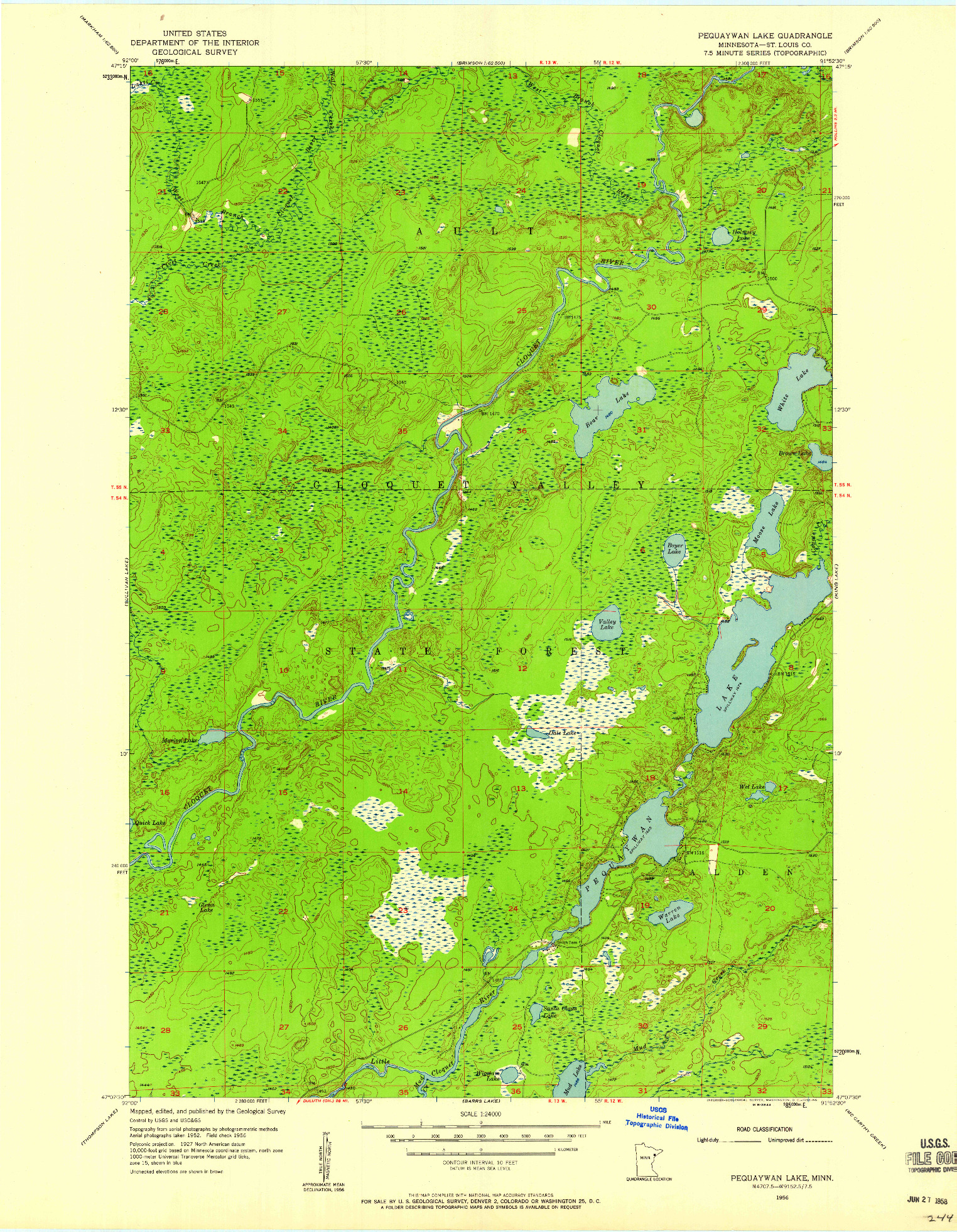 USGS 1:24000-SCALE QUADRANGLE FOR PEQUAYWAN LAKE, MN 1956