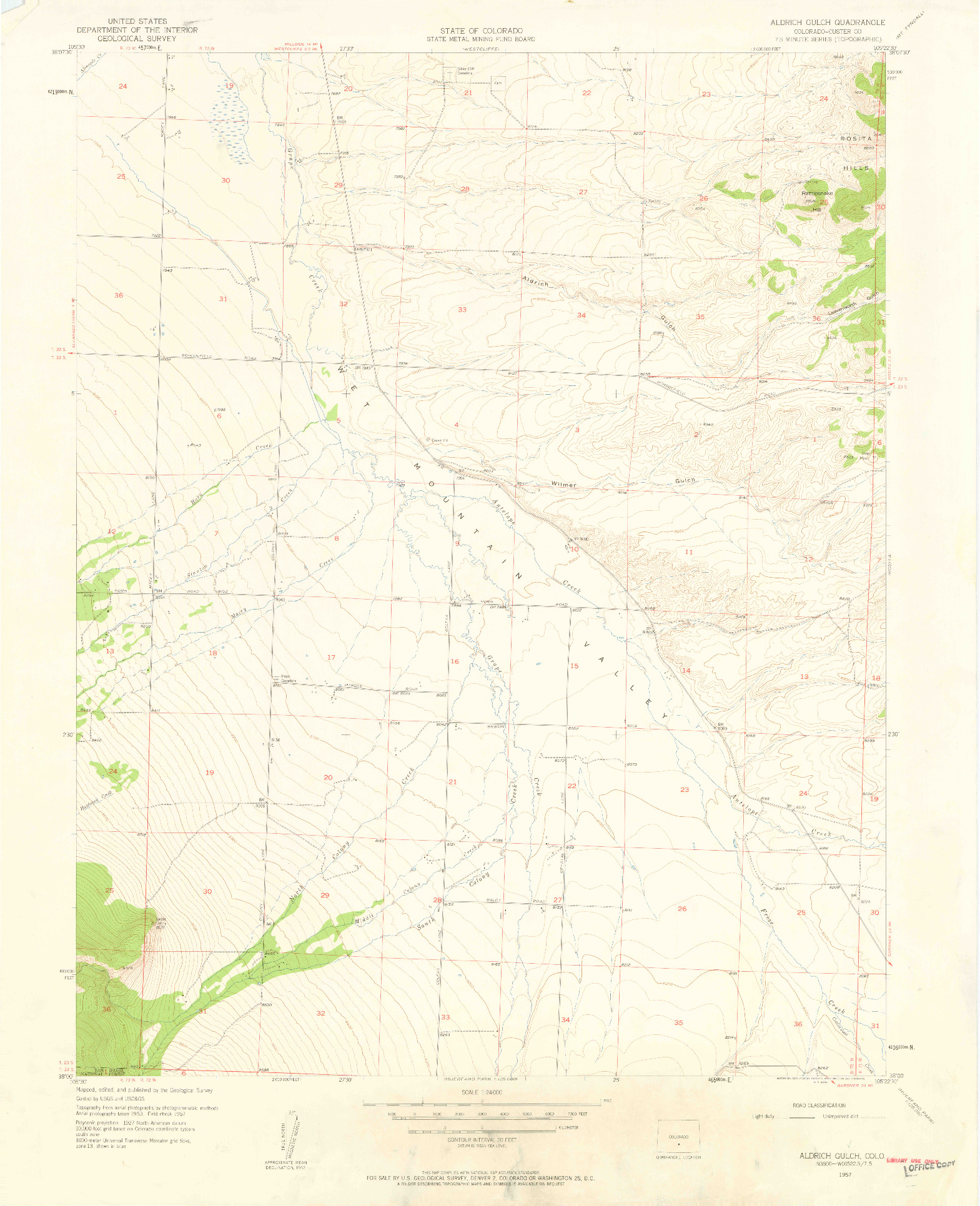 USGS 1:24000-SCALE QUADRANGLE FOR ALDRICH GULCH, CO 1957