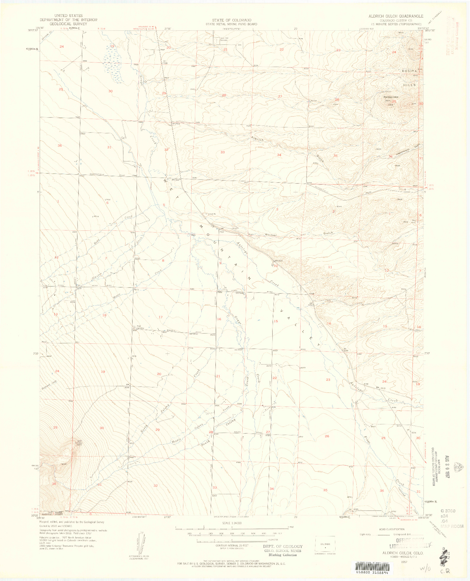 USGS 1:24000-SCALE QUADRANGLE FOR ALDRICH GULCH, CO 1957