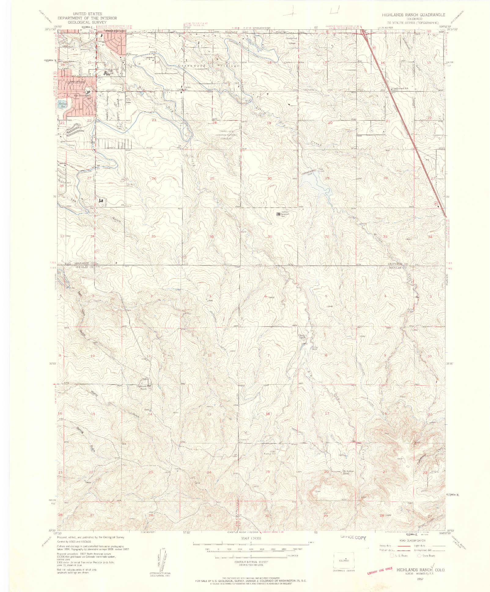 USGS 1:24000-SCALE QUADRANGLE FOR HIGHLANDS RANCH, CO 1957