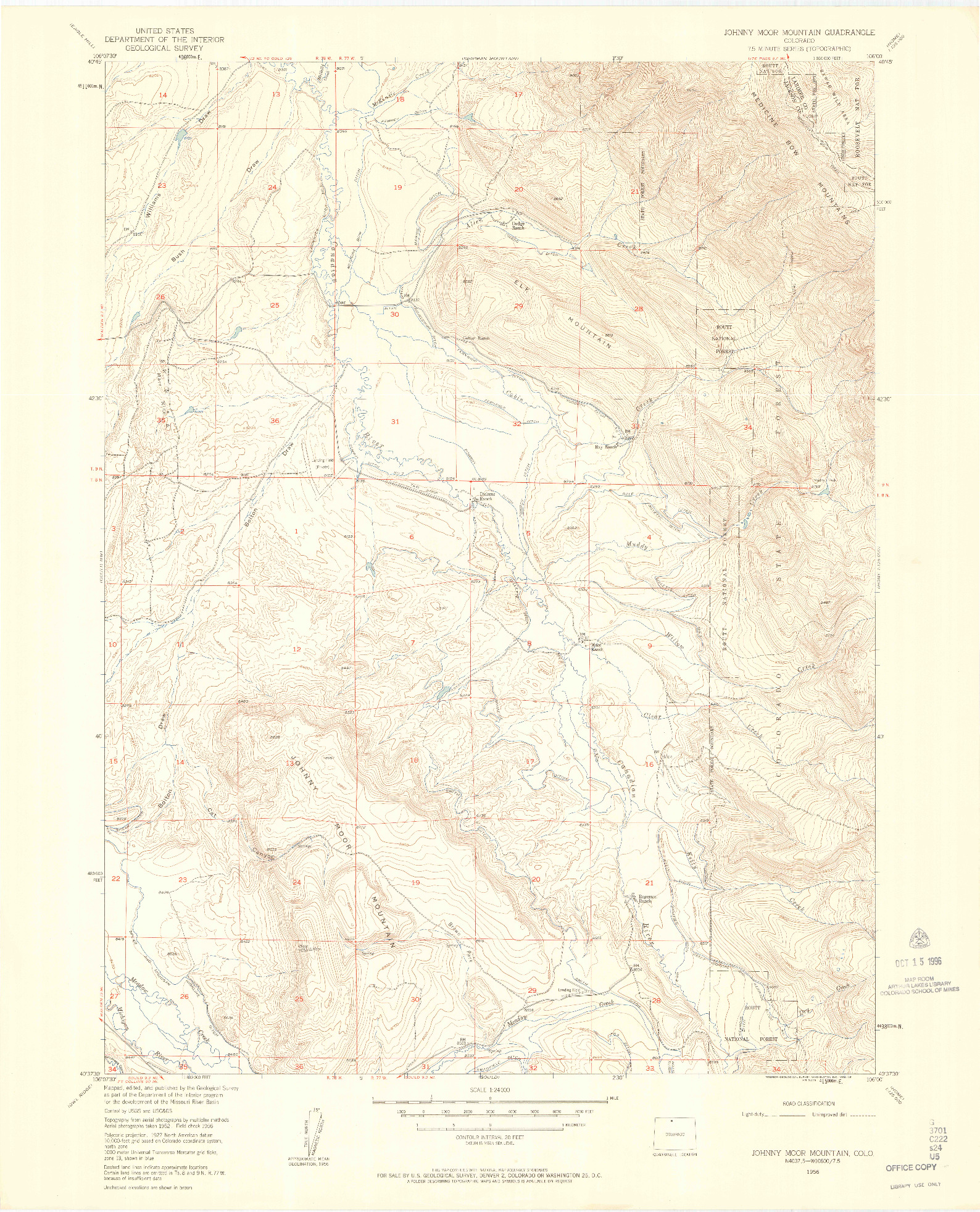 USGS 1:24000-SCALE QUADRANGLE FOR JOHNNY MOORE MOUNTAIN, CO 1956