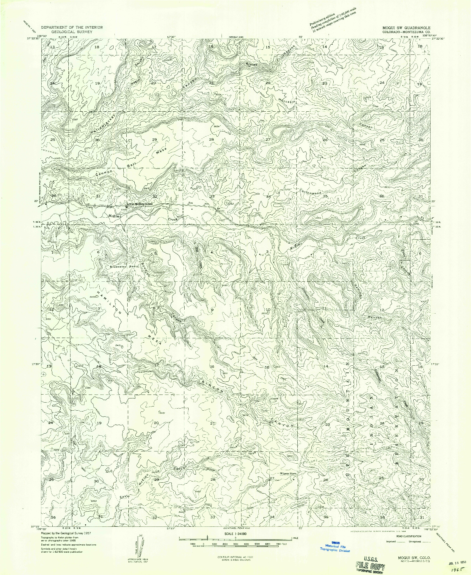 USGS 1:24000-SCALE QUADRANGLE FOR MOQUI SW, CO 1957