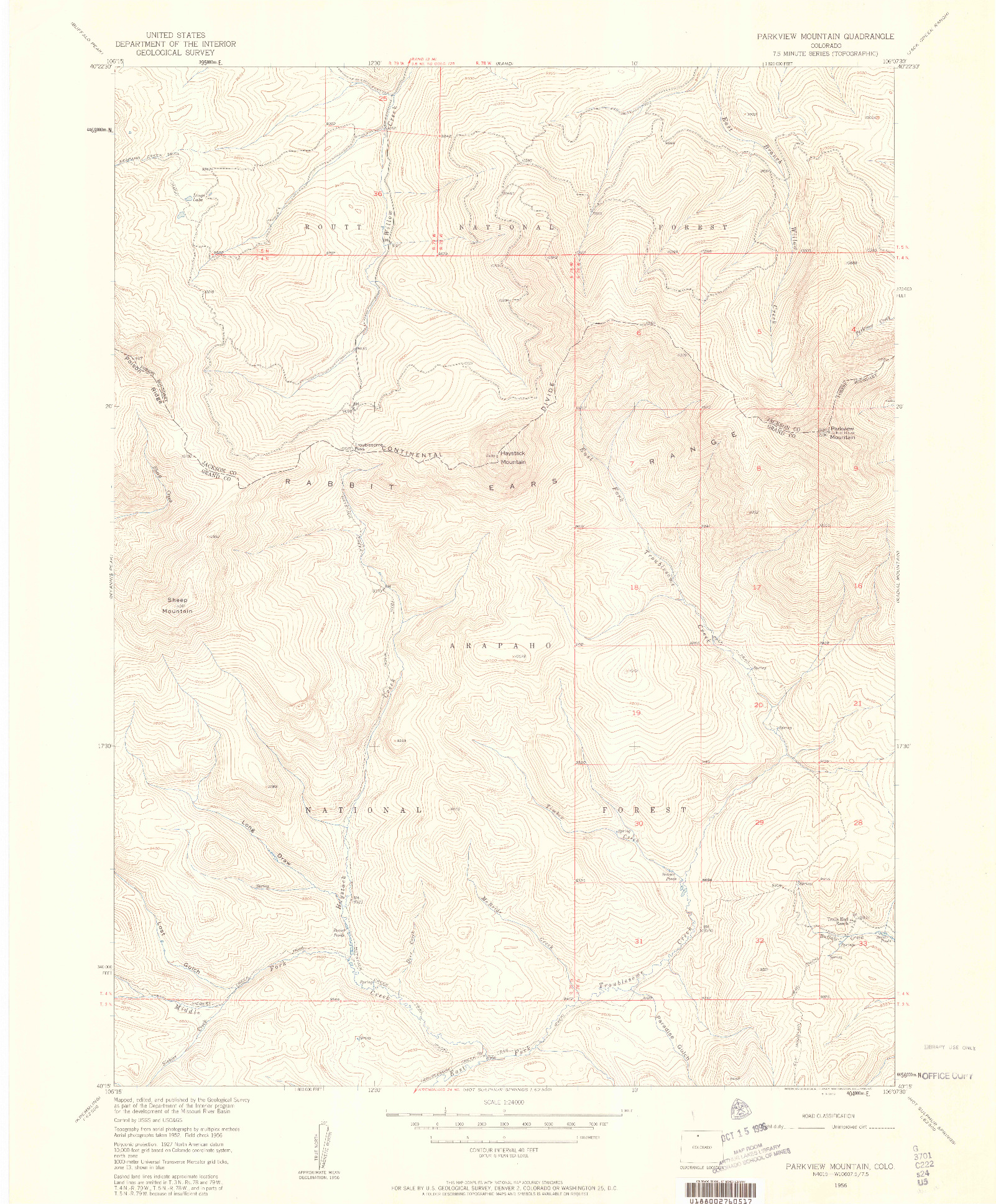 USGS 1:24000-SCALE QUADRANGLE FOR PARKVIEW MOUNTAIN, CO 1956