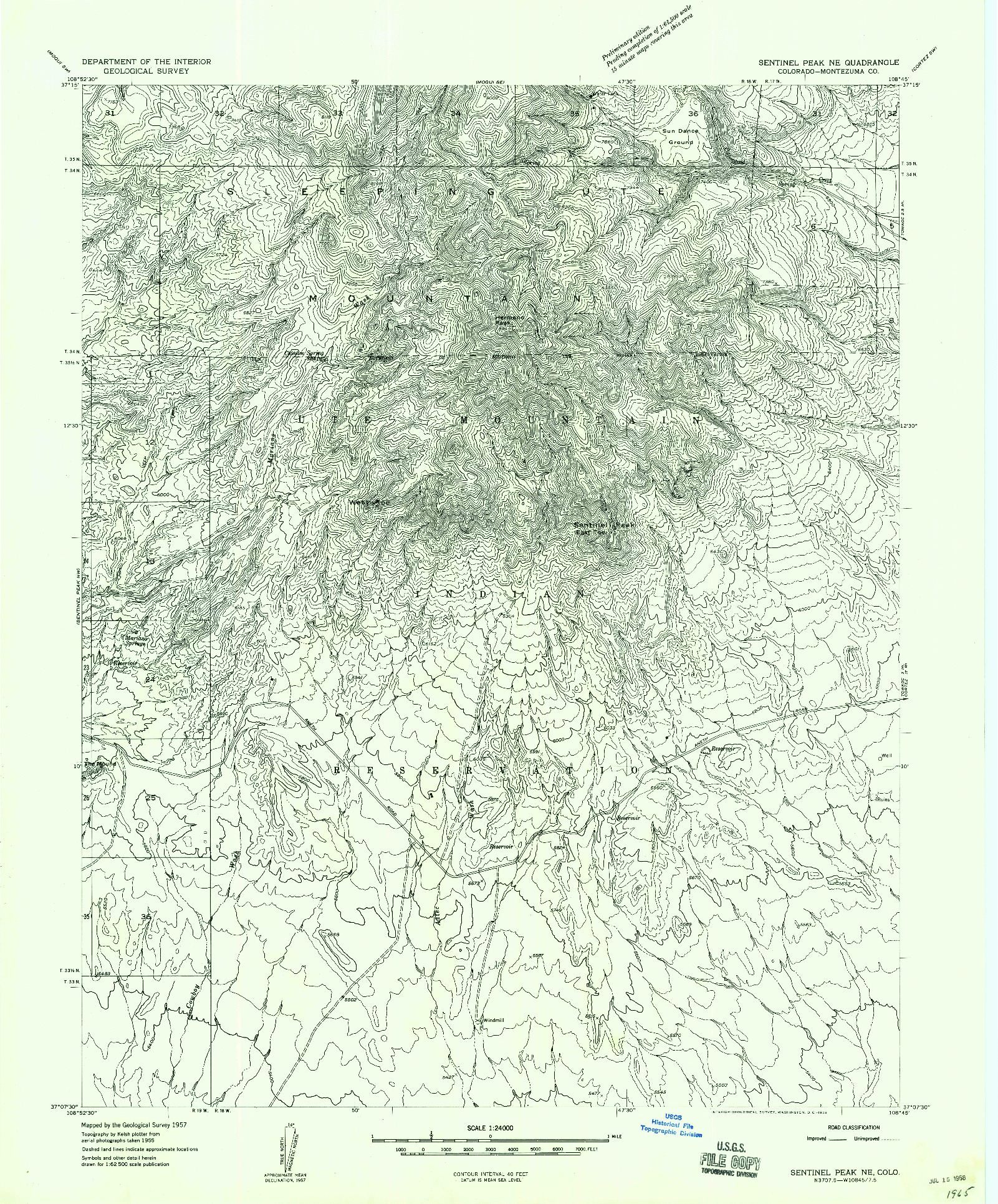 USGS 1:24000-SCALE QUADRANGLE FOR SENTINEL PEAK NE, CO 1958