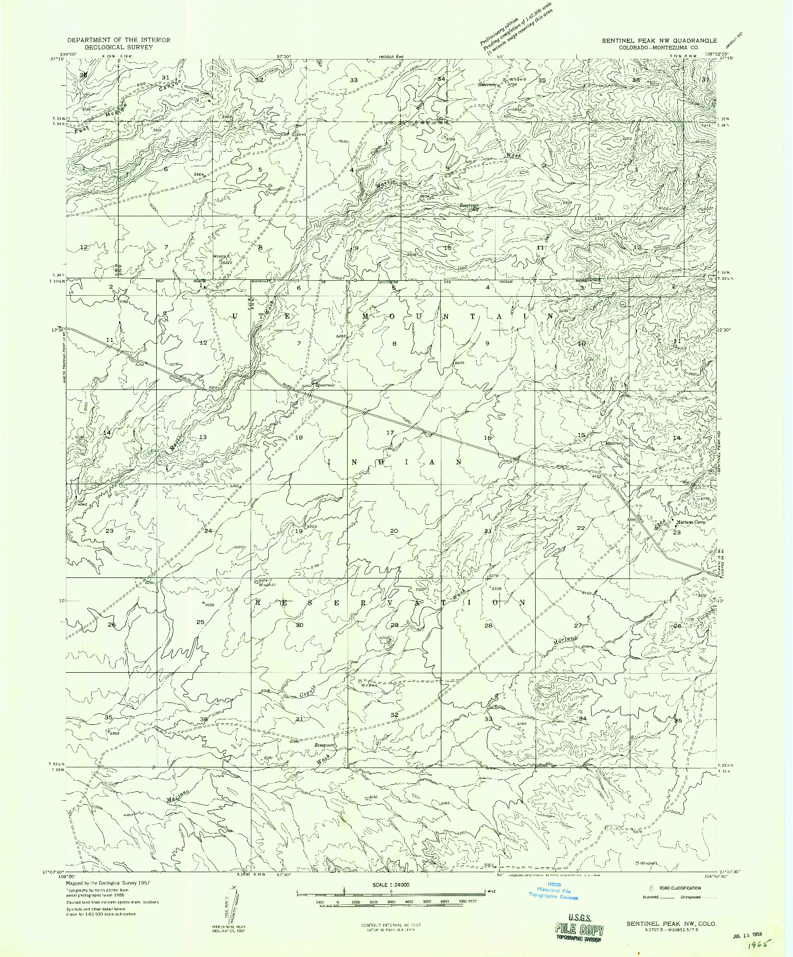 USGS 1:24000-SCALE QUADRANGLE FOR SENTINEL PEAK NW, CO 1958