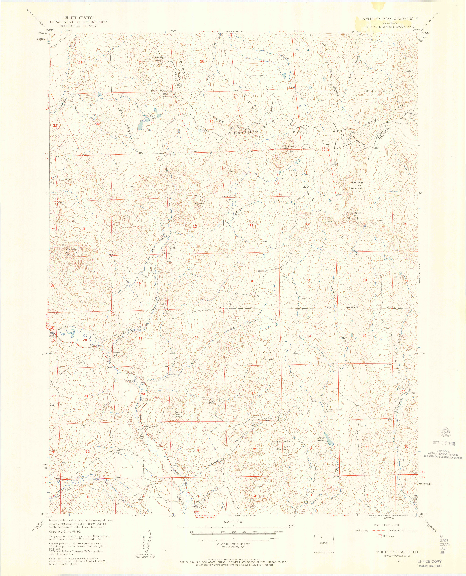 USGS 1:24000-SCALE QUADRANGLE FOR WHITELEY PEAK, CO 1956