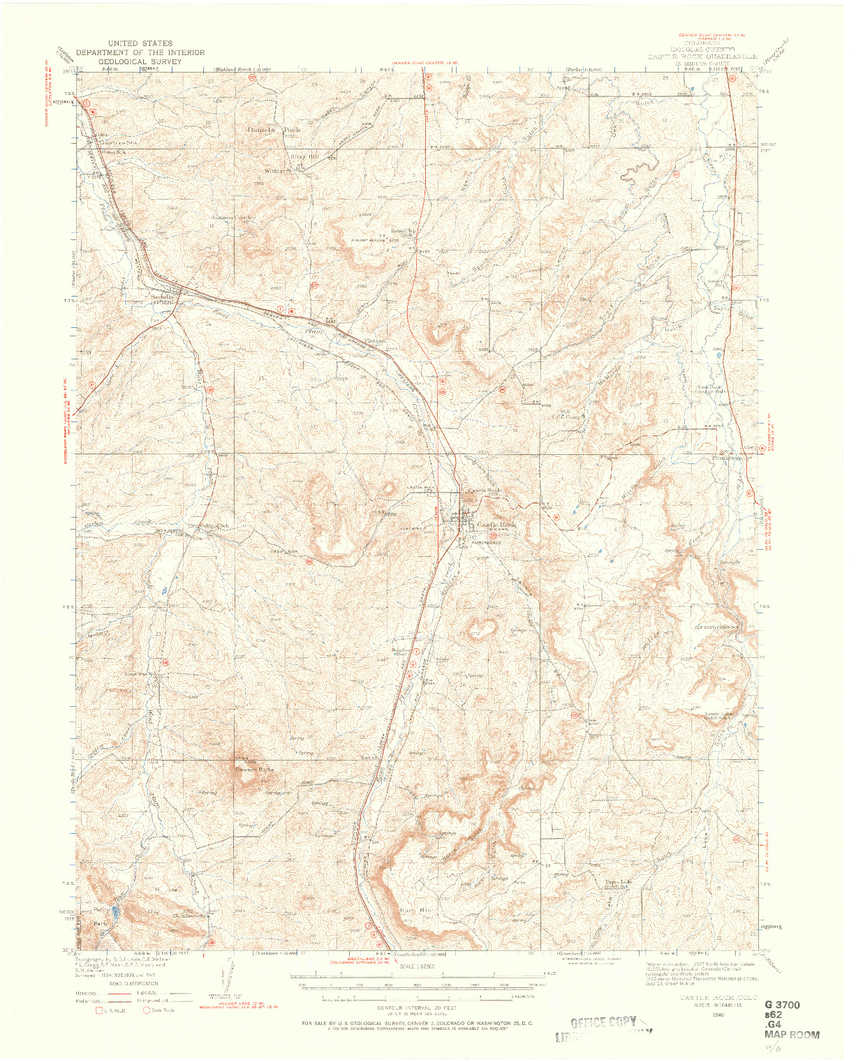 USGS 1:62500-SCALE QUADRANGLE FOR CASTLE ROCK, CO 1940