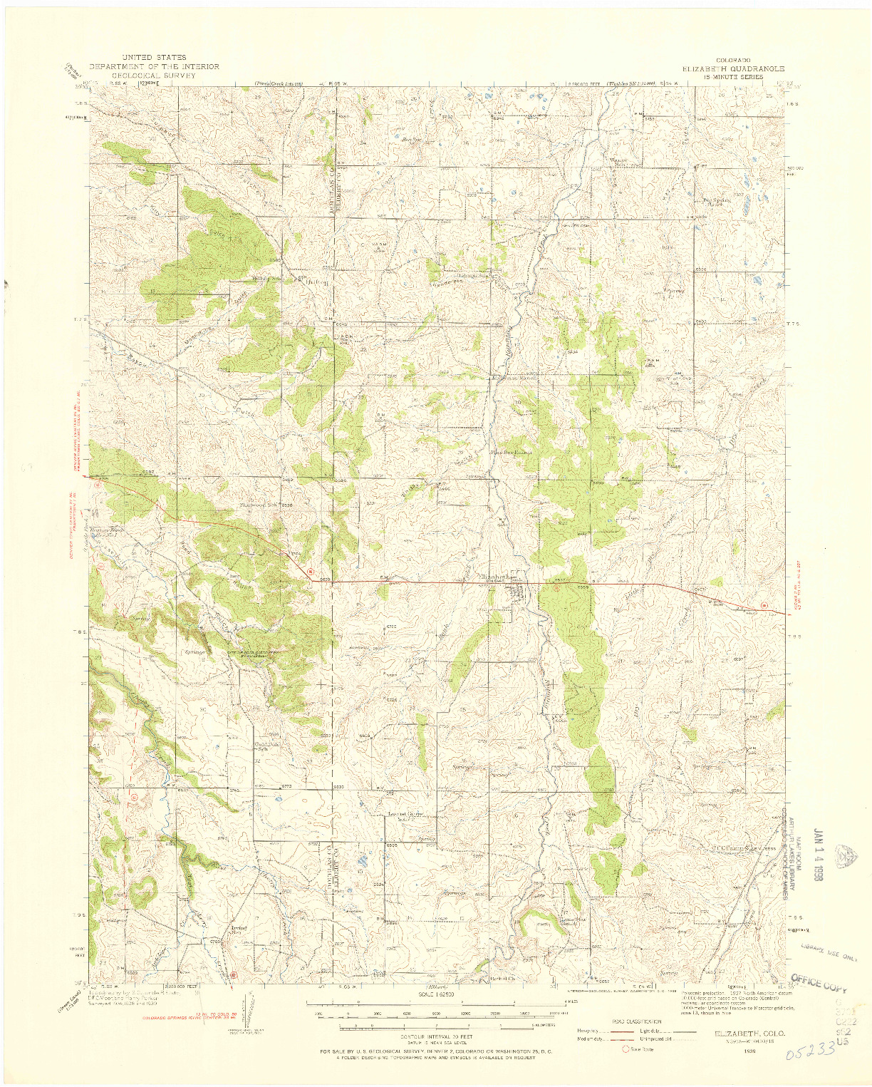 USGS 1:62500-SCALE QUADRANGLE FOR ELIZABETH, CO 1939