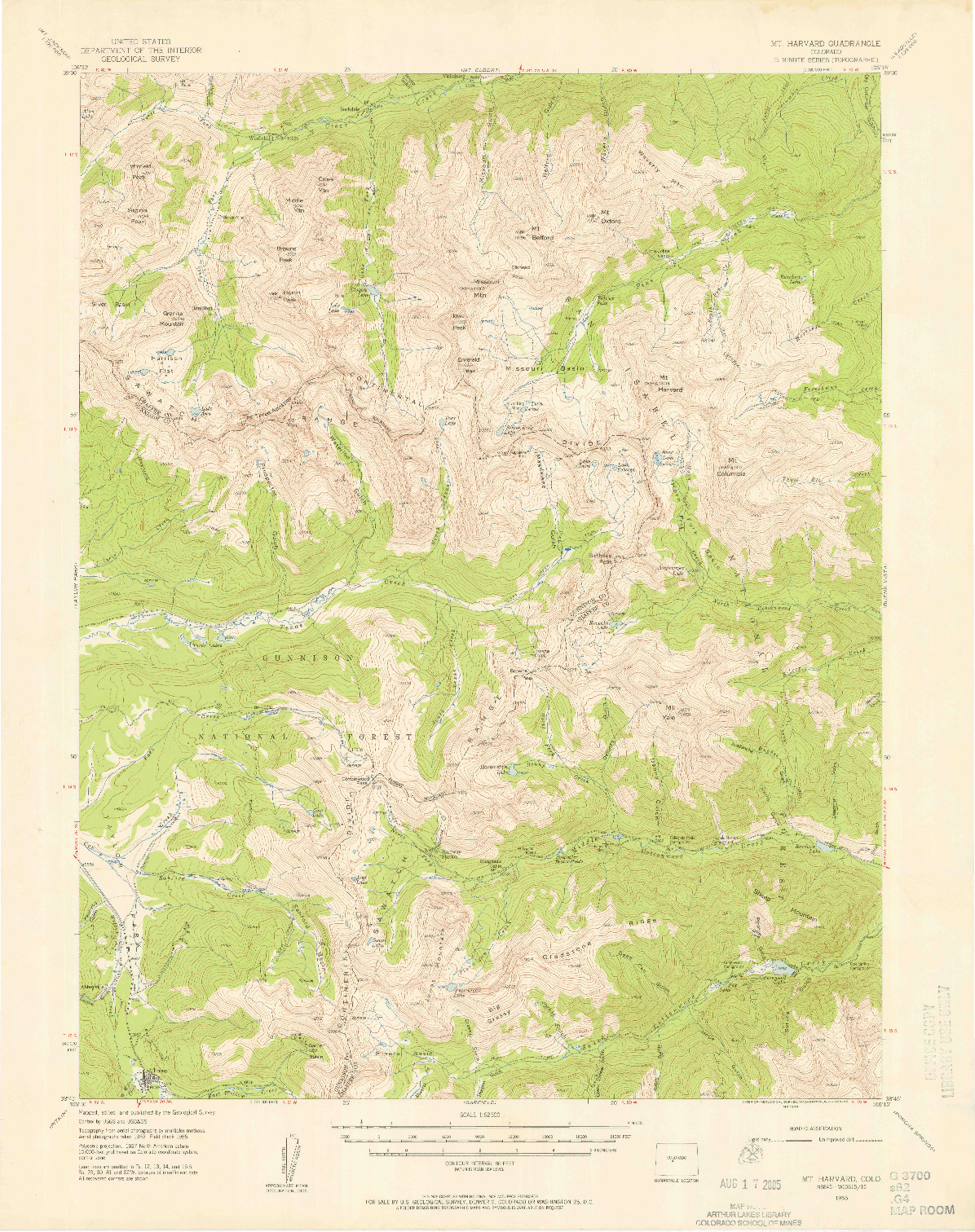 USGS 1:62500-SCALE QUADRANGLE FOR MOUNT HARVARD, CO 1955