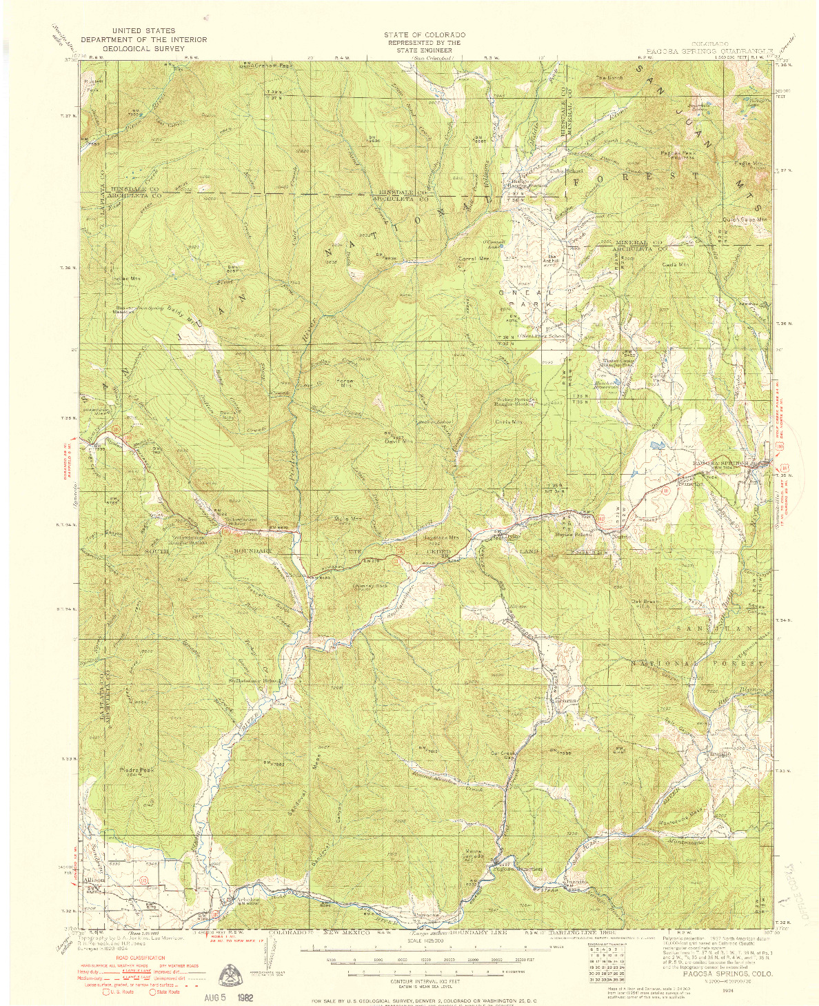 USGS 1:125000-SCALE QUADRANGLE FOR PAGOSA SPRINGS, CO 1924