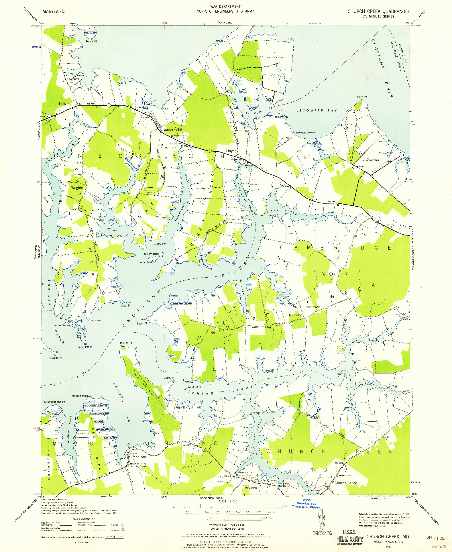 USGS 1:24000-SCALE QUADRANGLE FOR CHURCH CREEK, MD 1942