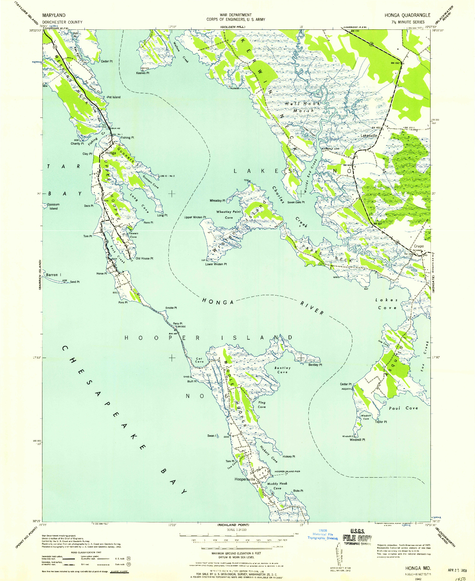 USGS 1:24000-SCALE QUADRANGLE FOR HONGA, MD 1942