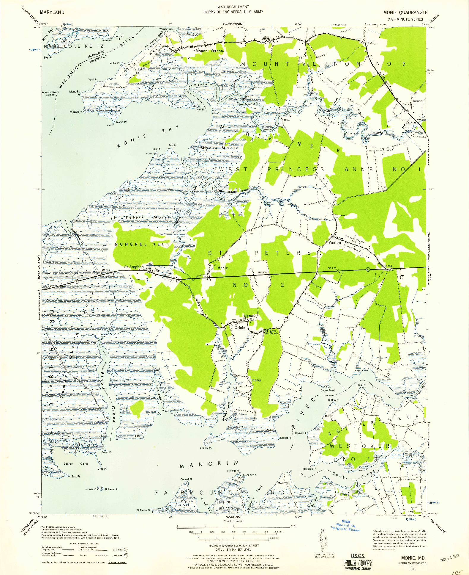 USGS 1:24000-SCALE QUADRANGLE FOR MONIE, MD 1942