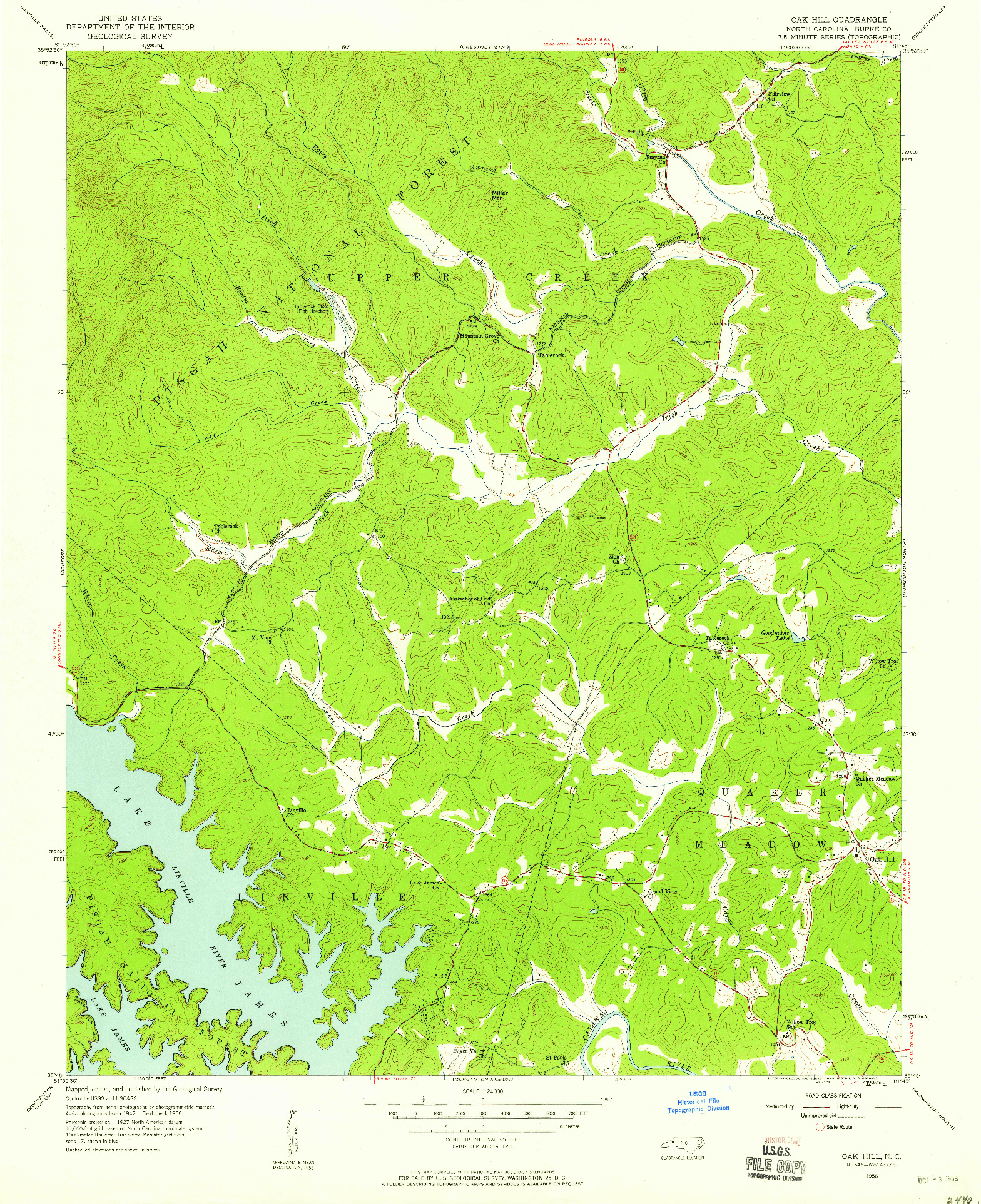 USGS 1:24000-SCALE QUADRANGLE FOR OAK HILL, NC 1956