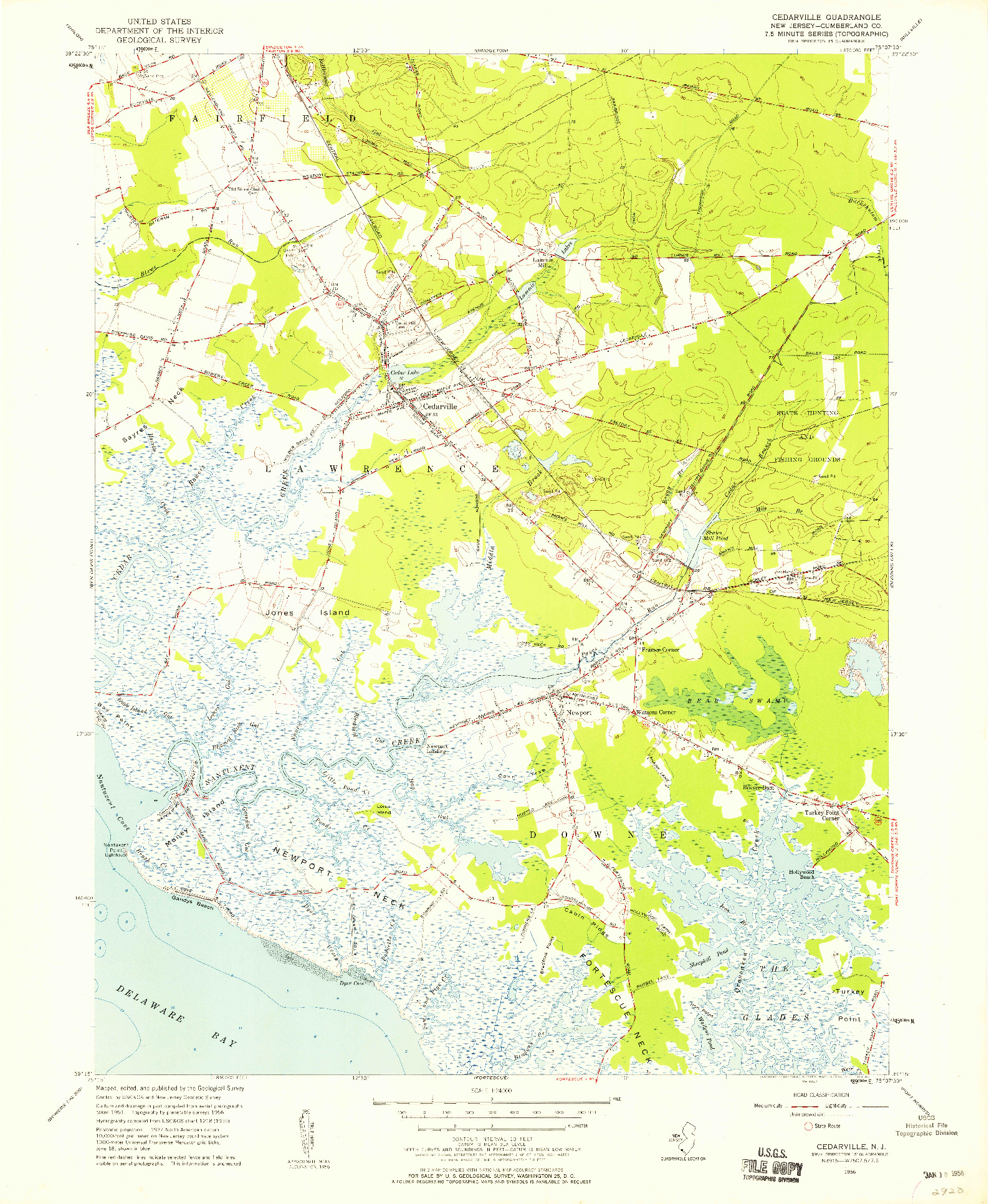 USGS 1:24000-SCALE QUADRANGLE FOR CEDARVILLE, NJ 1956