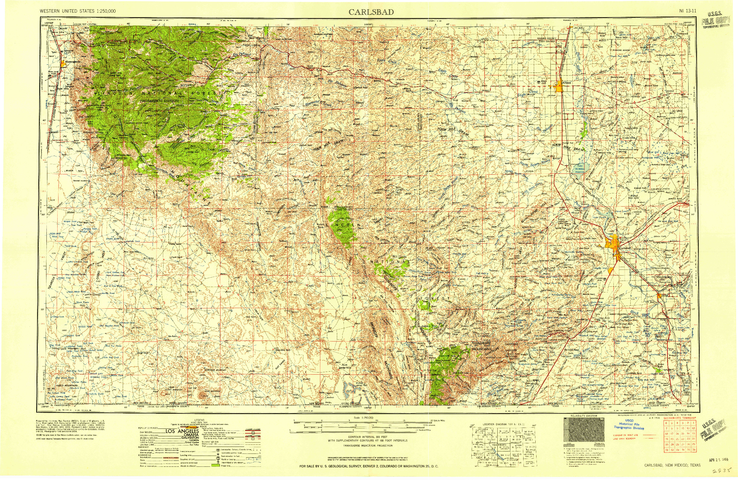 USGS 1:250000-SCALE QUADRANGLE FOR CARLSBAD, NM 1958