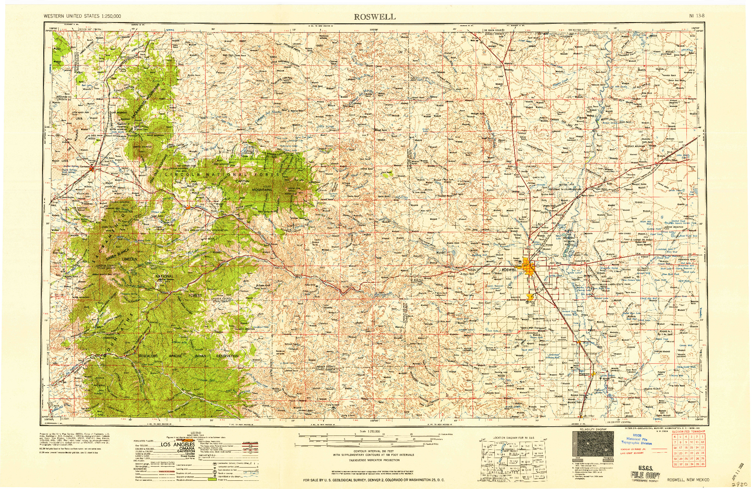 USGS 1:250000-SCALE QUADRANGLE FOR ROSWELL, NM 1958