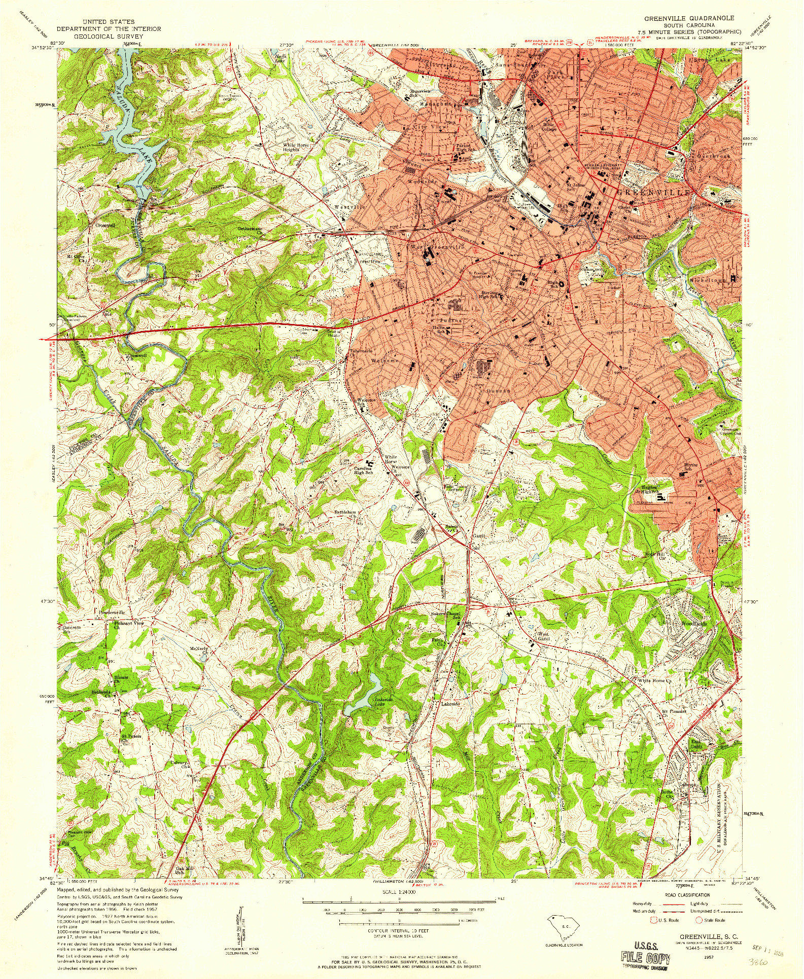 USGS 1:24000-SCALE QUADRANGLE FOR GREENVILLE, SC 1957