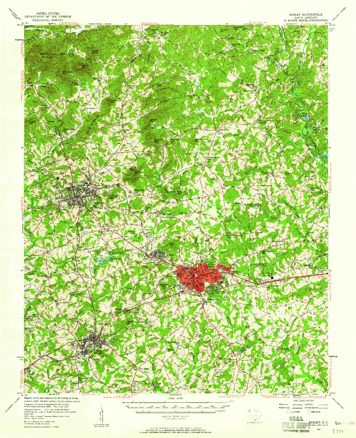 USGS 1:62500-SCALE QUADRANGLE FOR EASLEY, SC 1957