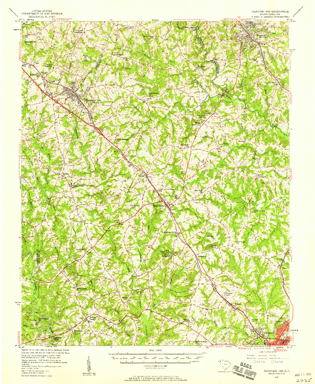 USGS 1:62500-SCALE QUADRANGLE FOR FOUNTAIN INN, SC 1957