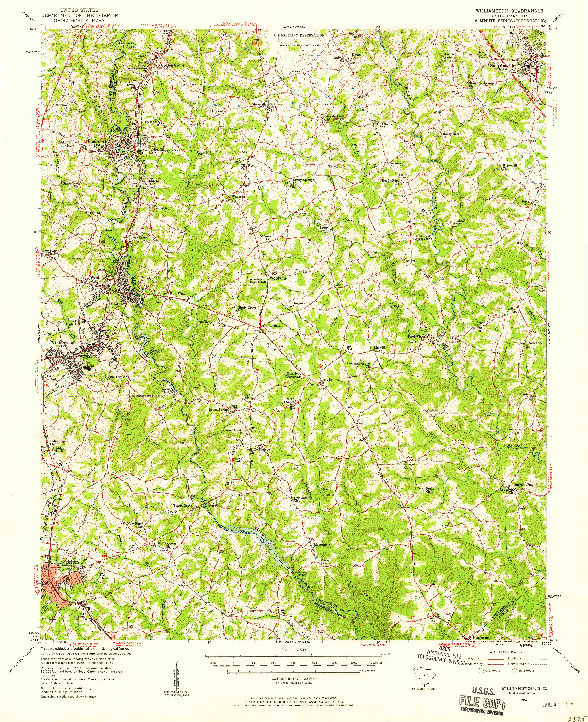 USGS 1:62500-SCALE QUADRANGLE FOR WILLIAMSTON, SC 1957