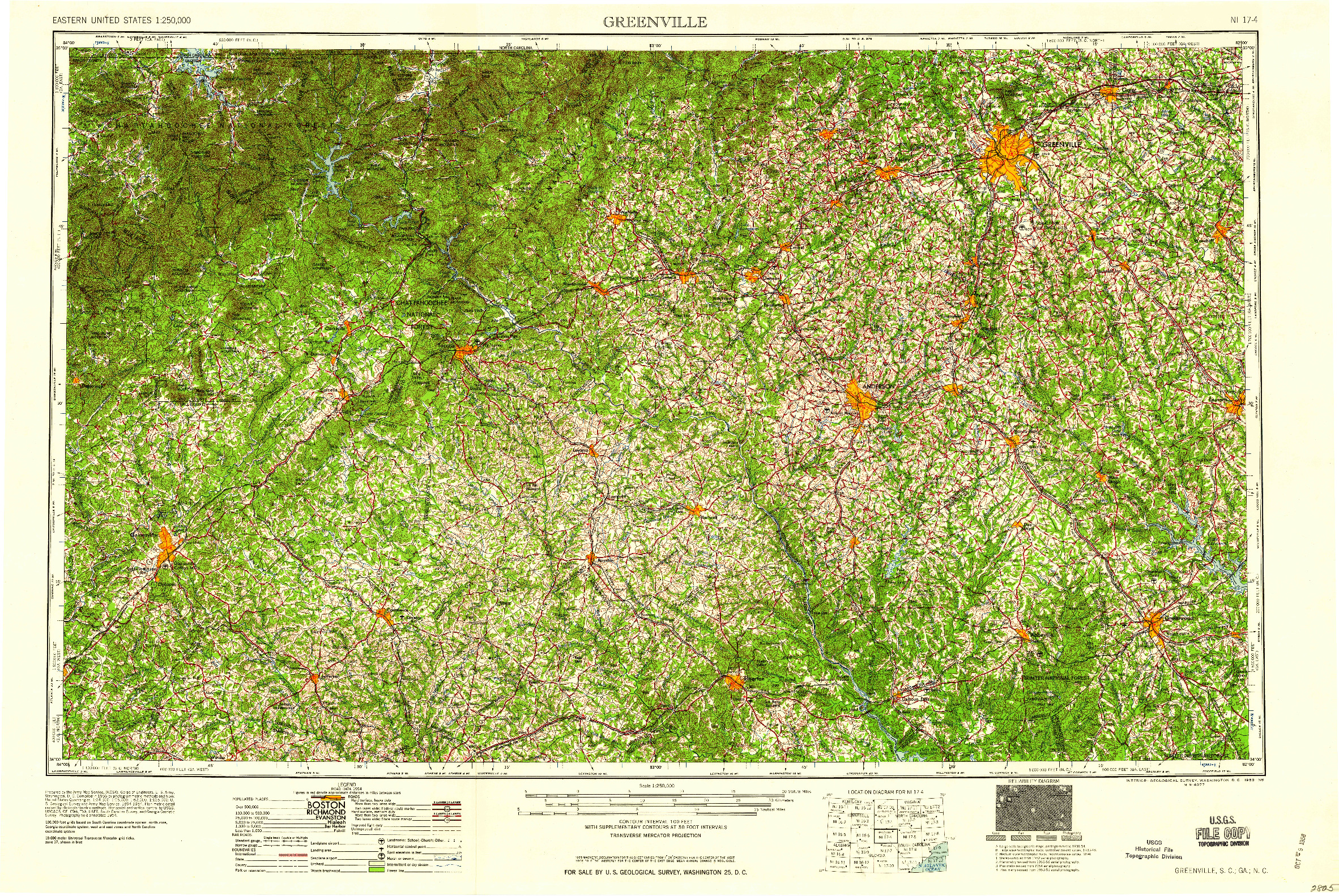 USGS 1:250000-SCALE QUADRANGLE FOR GREENVILLE, SC 1958