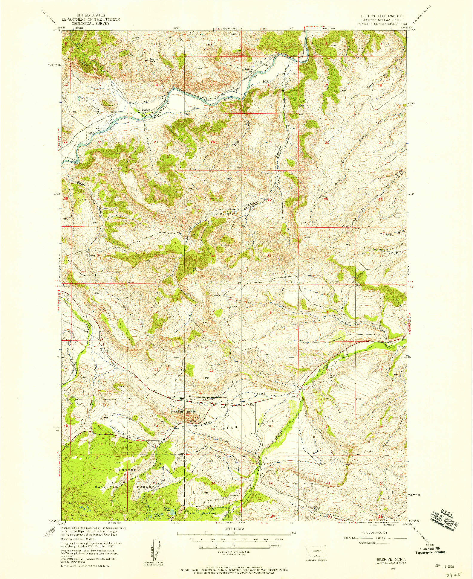 USGS 1:24000-SCALE QUADRANGLE FOR BEEHIVE, MT 1956