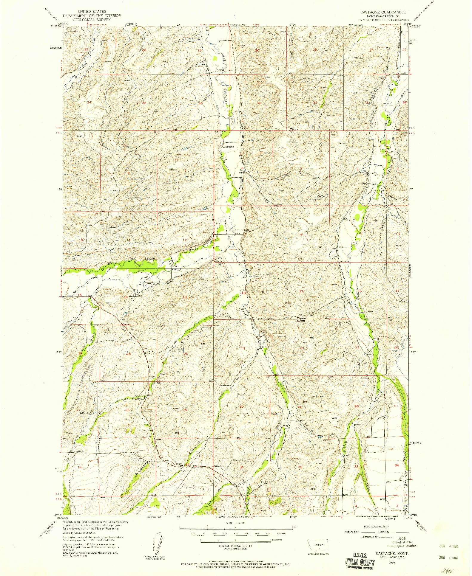 USGS 1:24000-SCALE QUADRANGLE FOR CASTAGNE, MT 1956