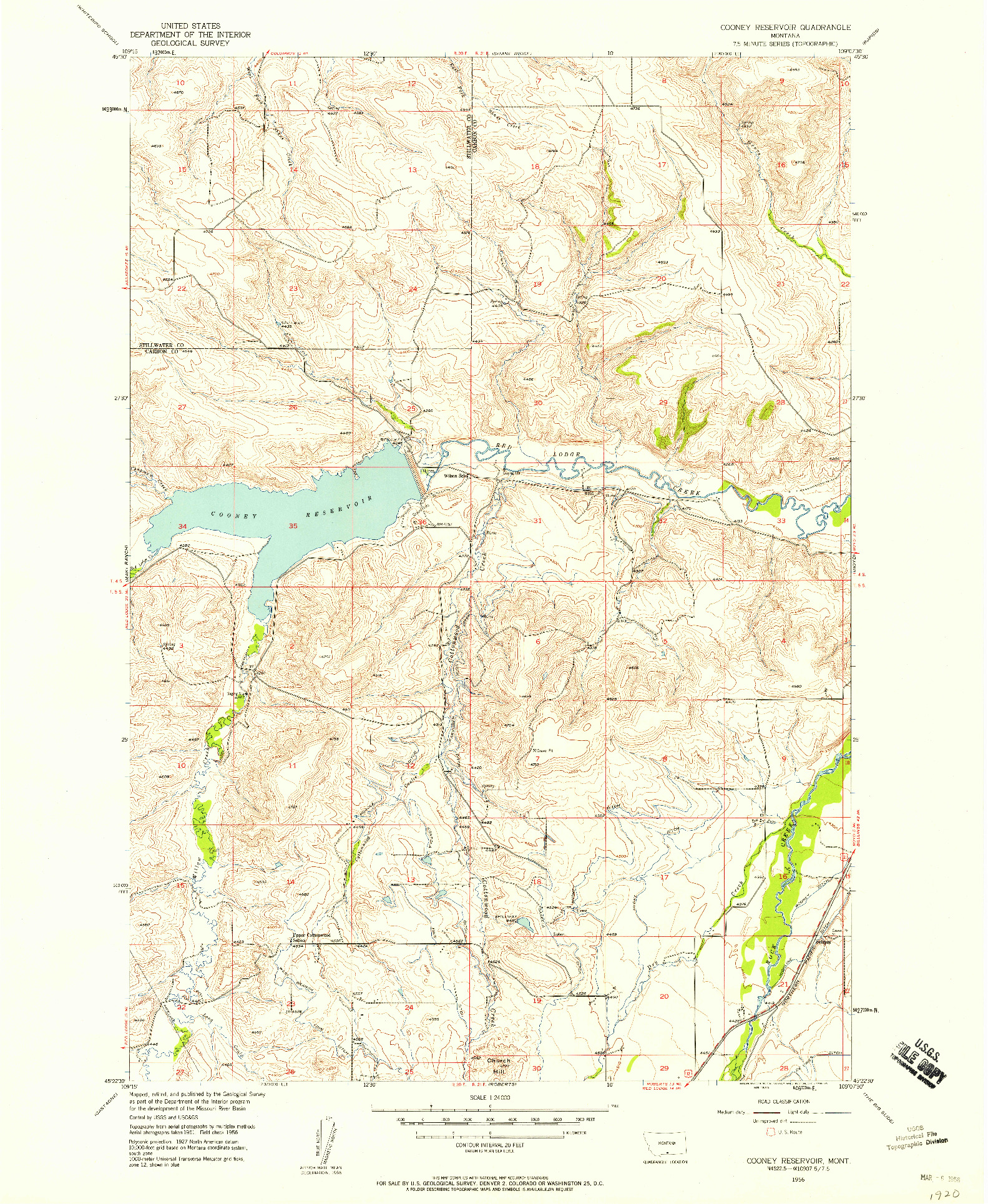 USGS 1:24000-SCALE QUADRANGLE FOR COONEY RESERVOIR, MT 1956