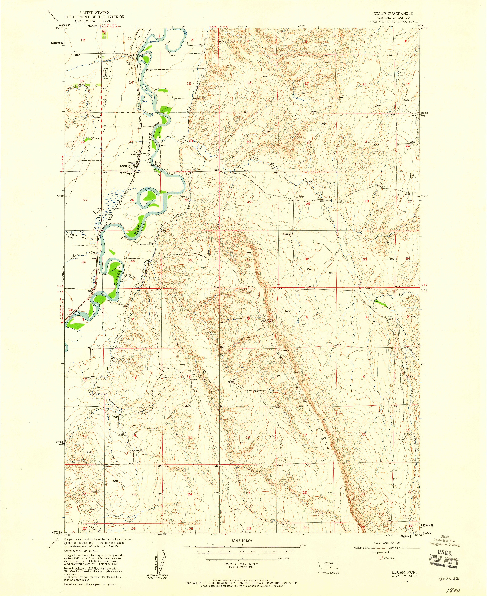 USGS 1:24000-SCALE QUADRANGLE FOR EDGAR, MT 1956