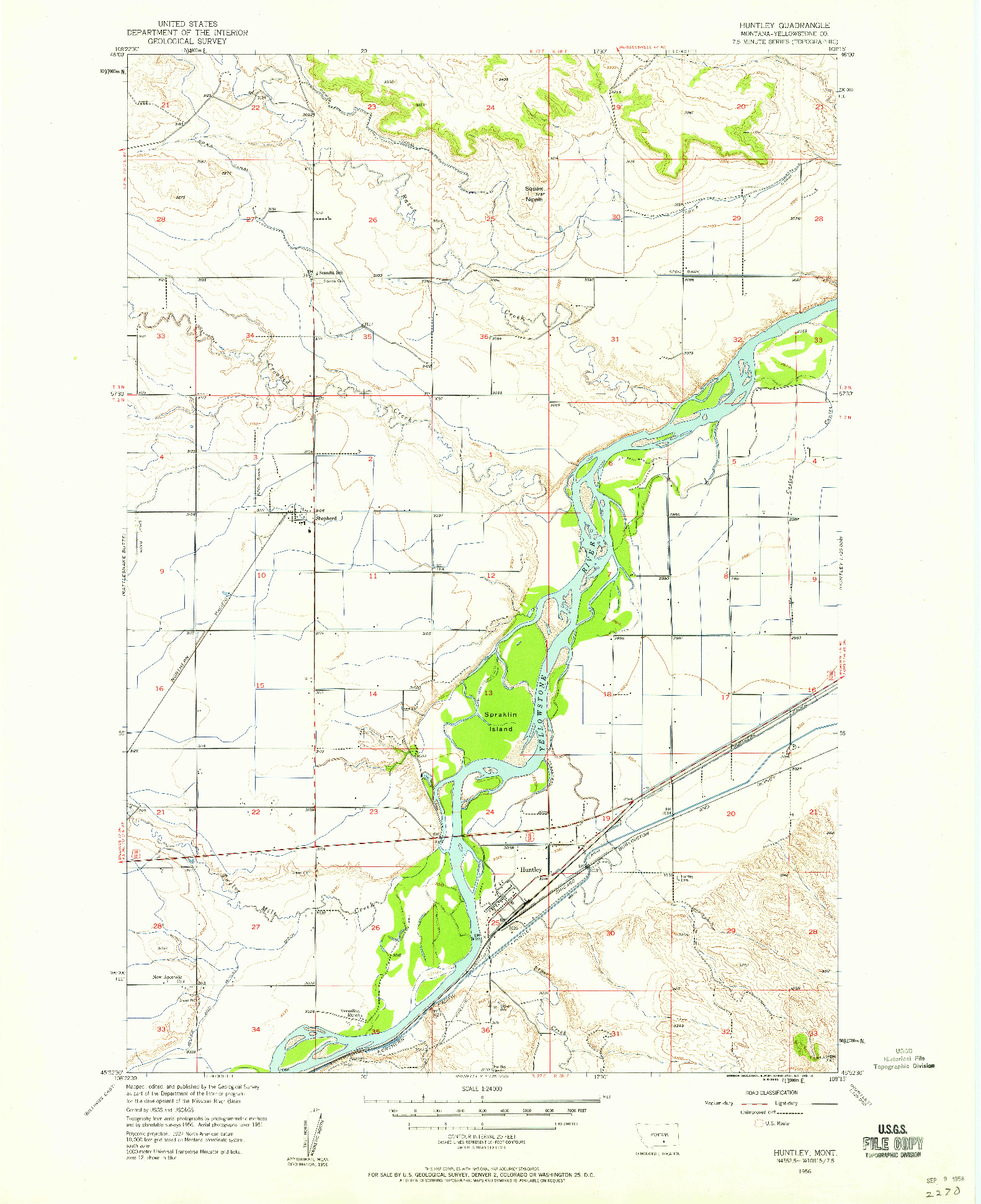 USGS 1:24000-SCALE QUADRANGLE FOR HUNTLEY, MT 1956