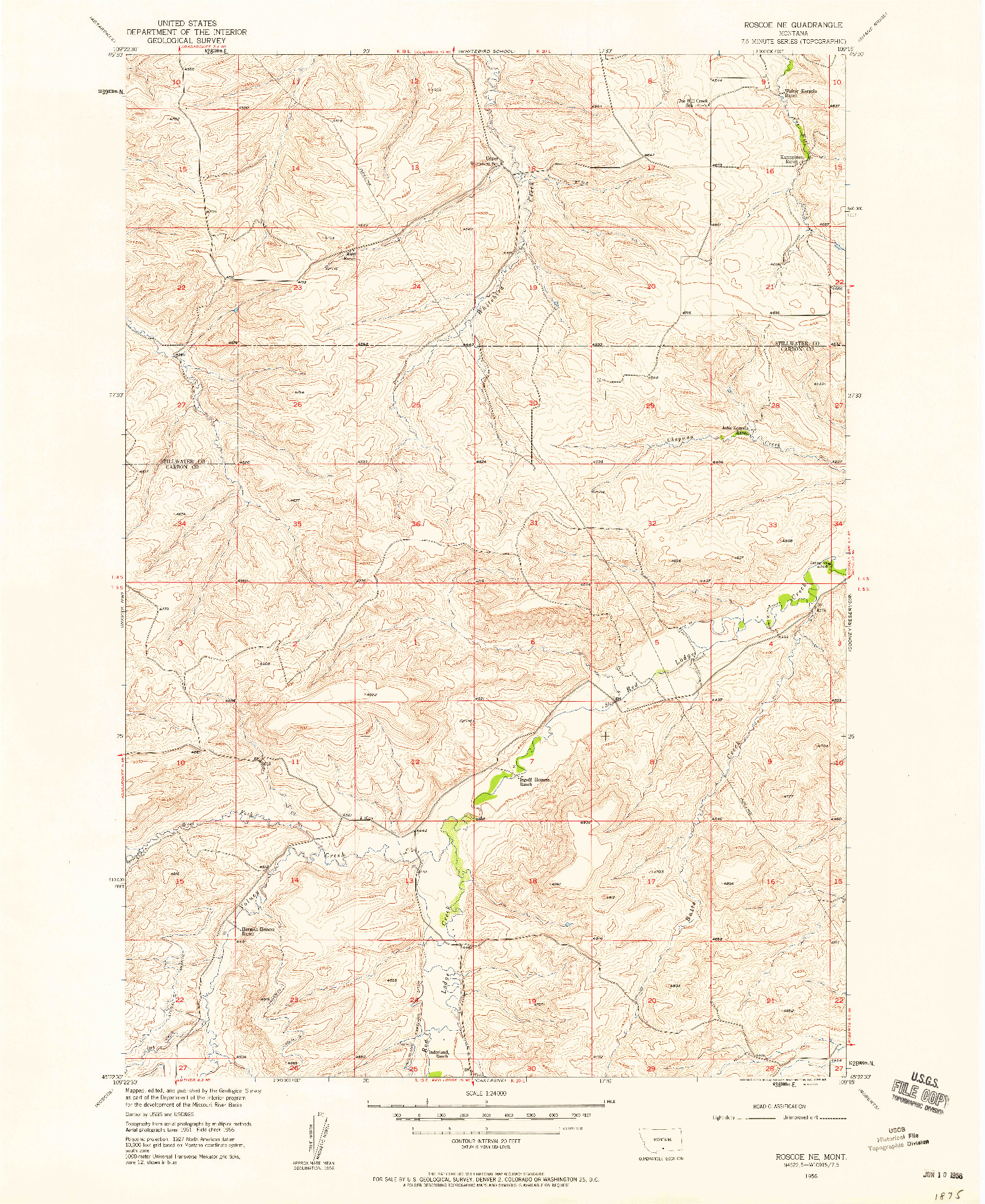 USGS 1:24000-SCALE QUADRANGLE FOR ROSCOE NE, MT 1956