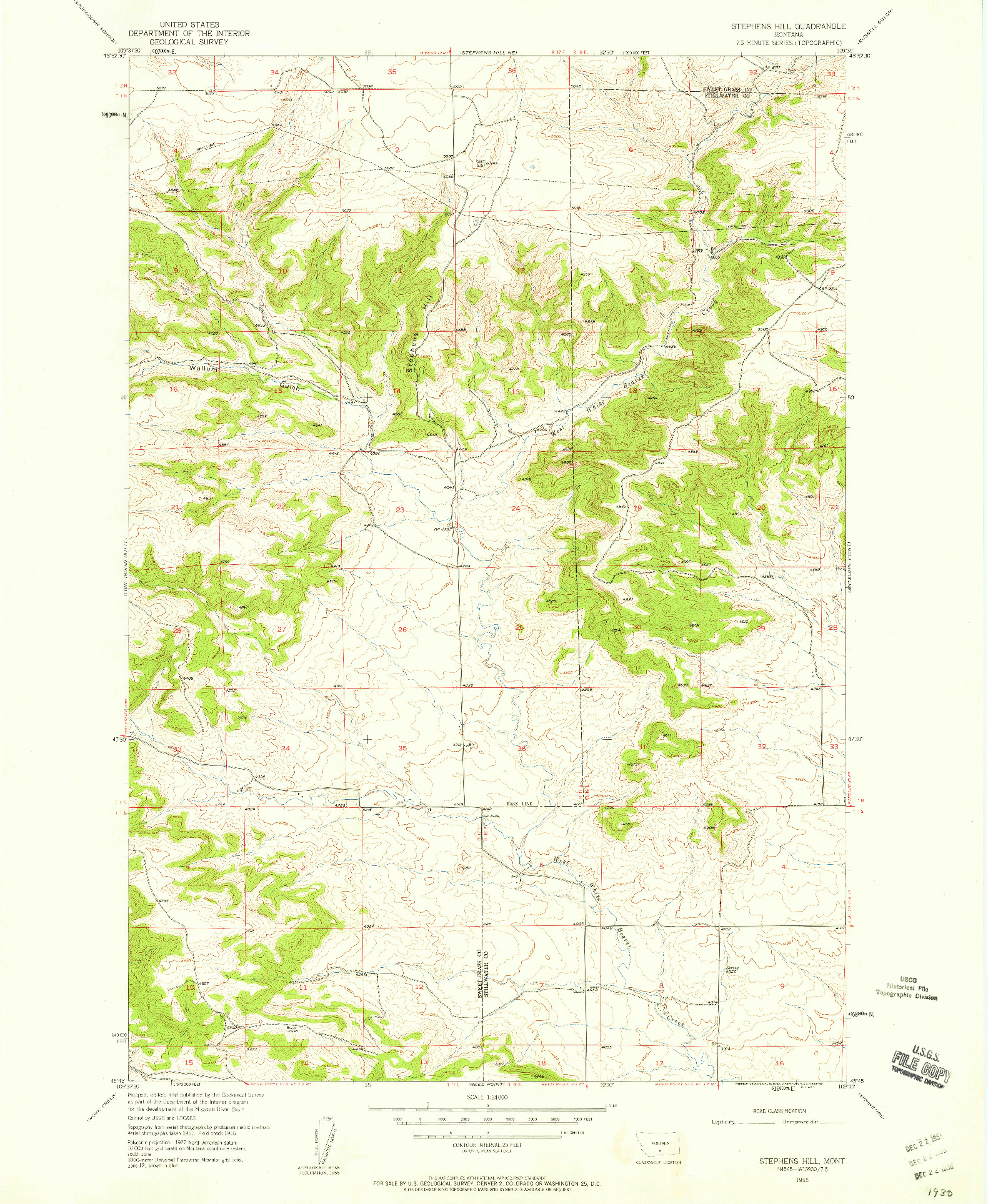 USGS 1:24000-SCALE QUADRANGLE FOR STEPHENS HILL, MT 1955