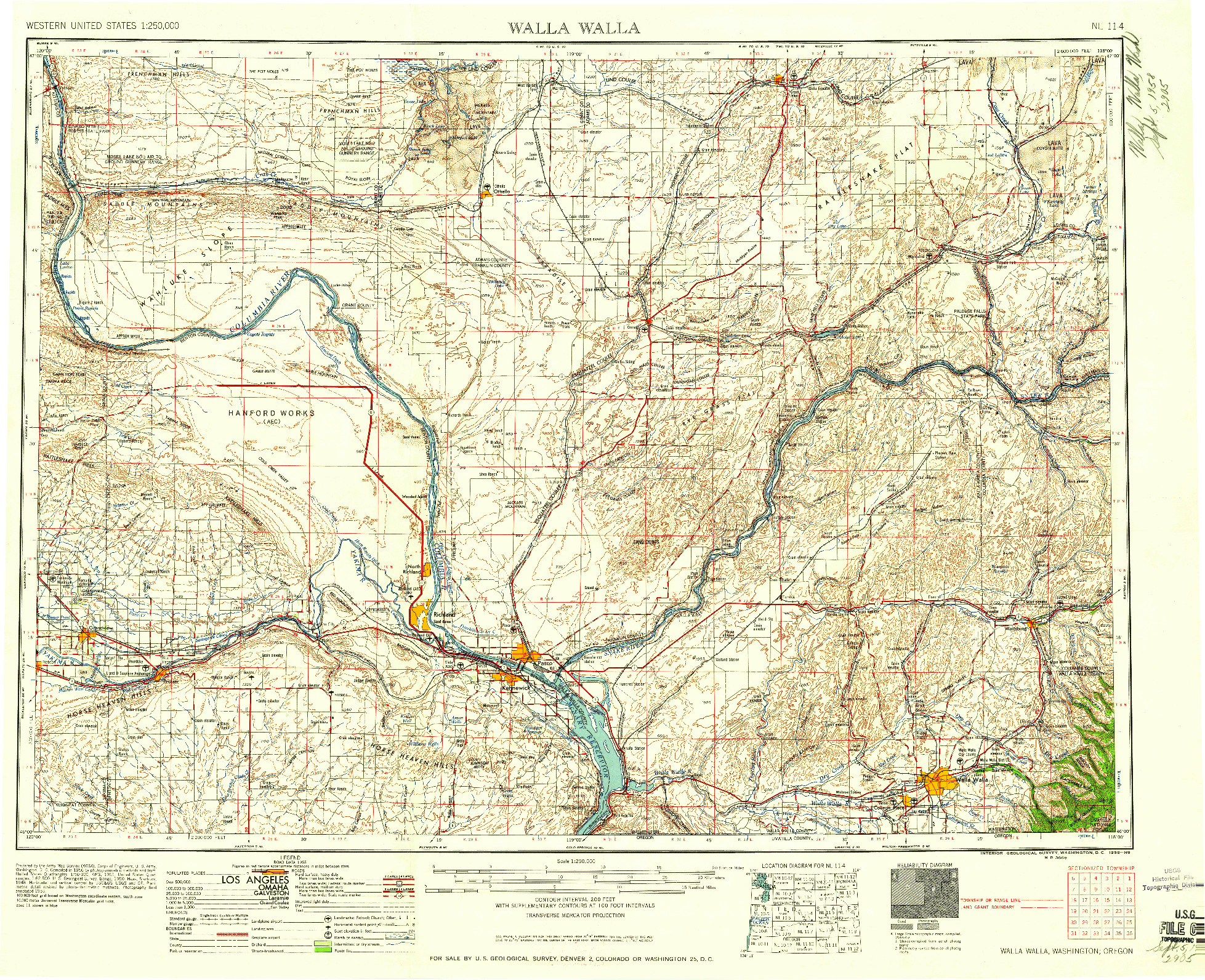 USGS 1:250000-SCALE QUADRANGLE FOR WALLA WALLA, WA 1958