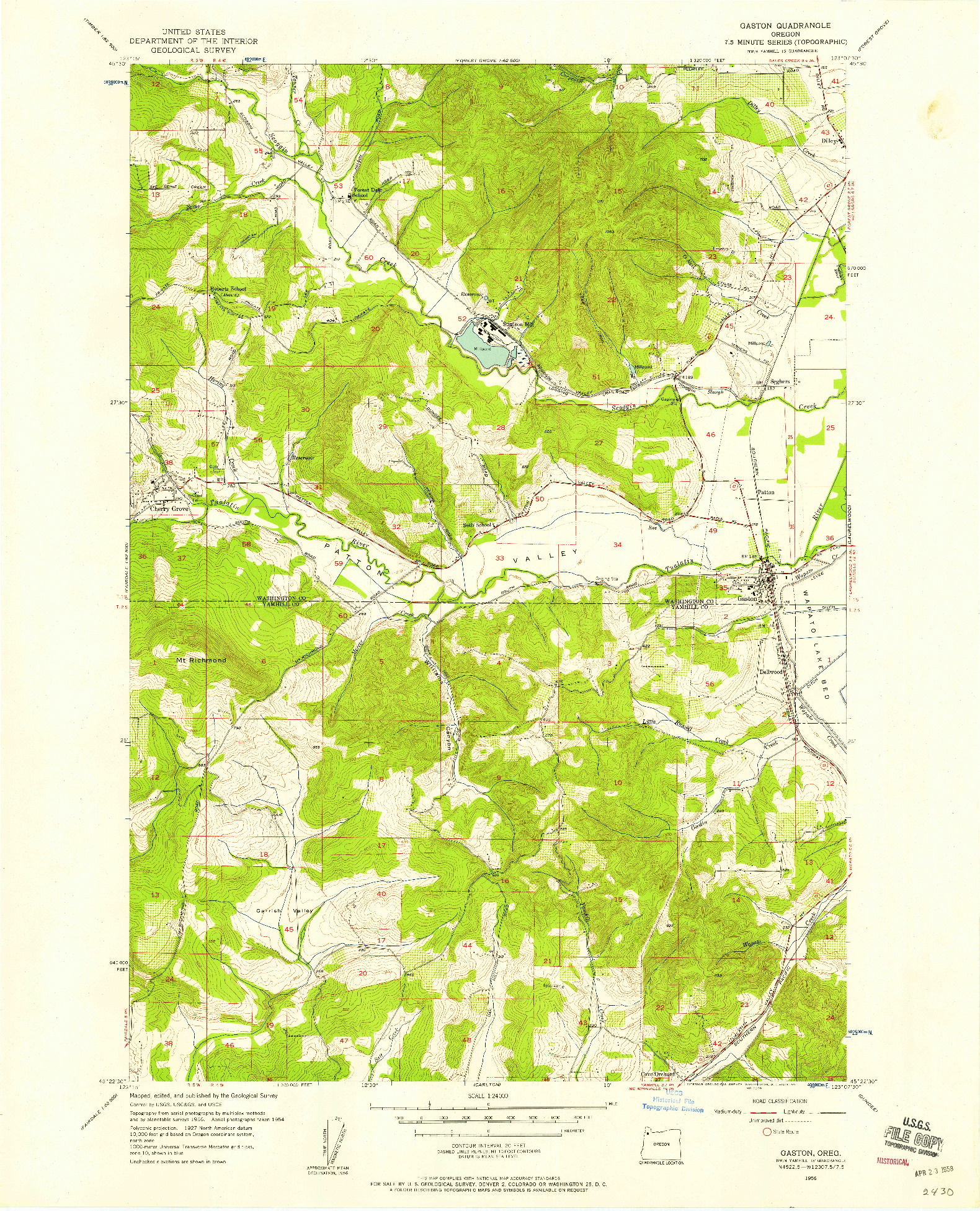 USGS 1:24000-SCALE QUADRANGLE FOR GASTON, OR 1956