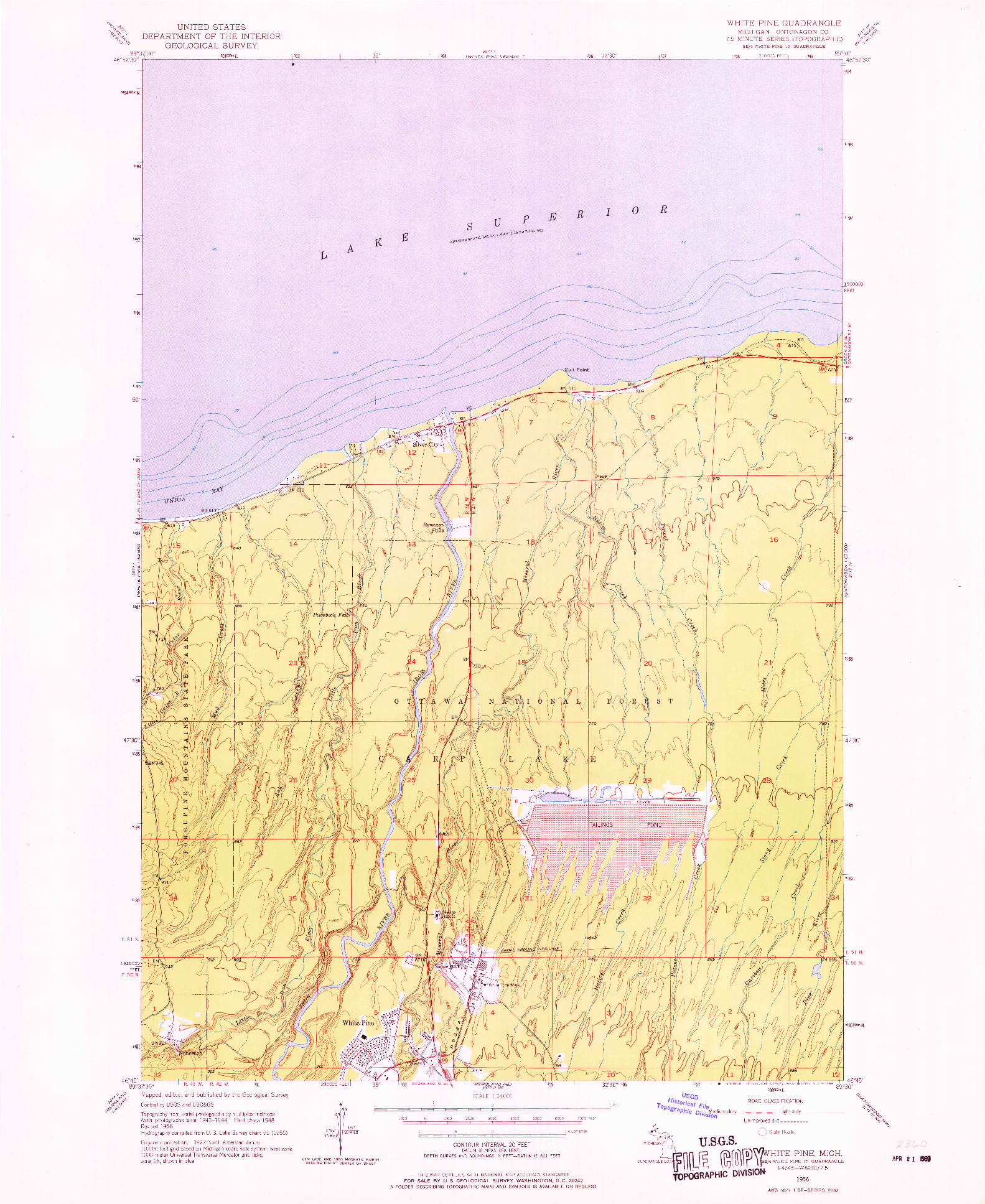 USGS 1:24000-SCALE QUADRANGLE FOR WHITE PINE, MI 1956