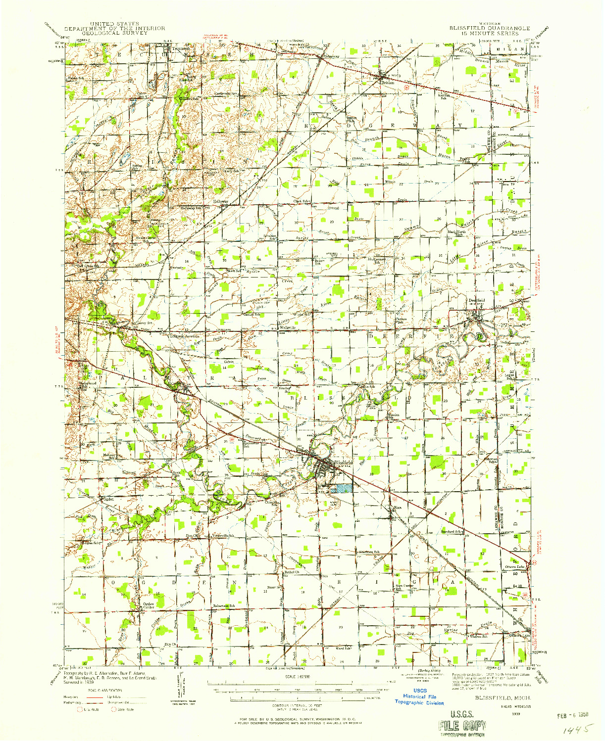 USGS 1:62500-SCALE QUADRANGLE FOR BLISSFIELD, MI 1939