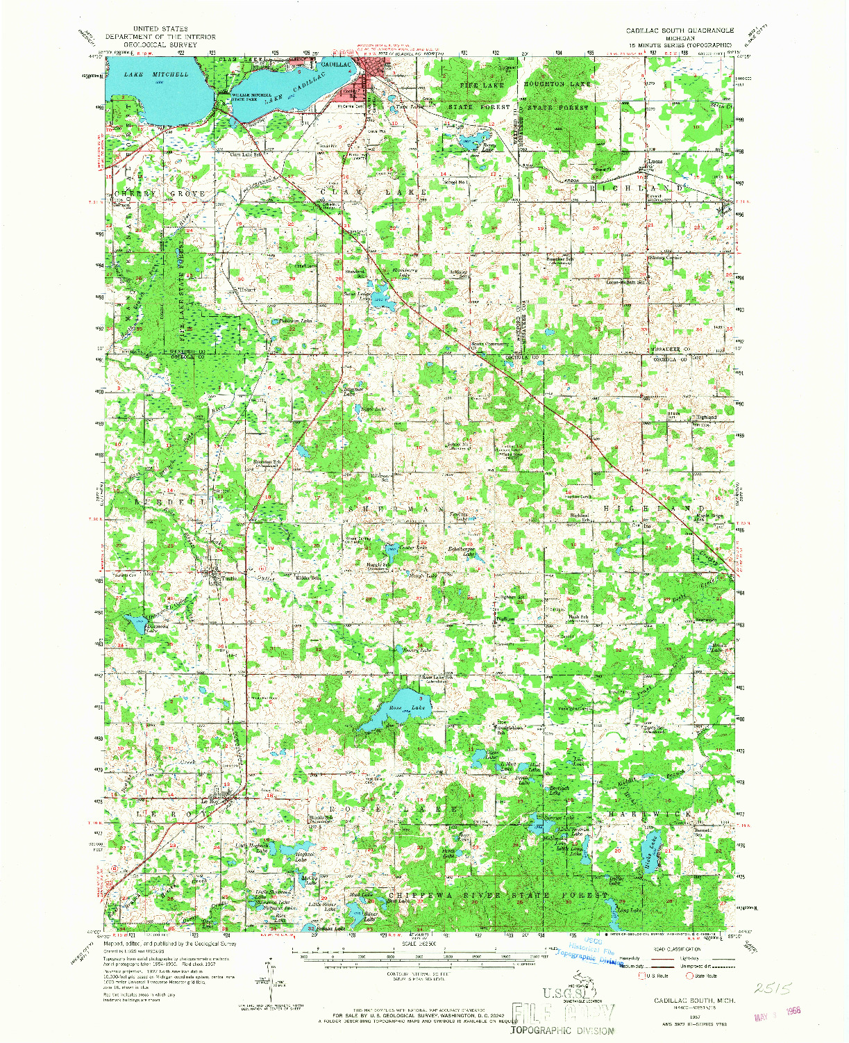 USGS 1:62500-SCALE QUADRANGLE FOR CADILLAC SOUTH, MI 1957