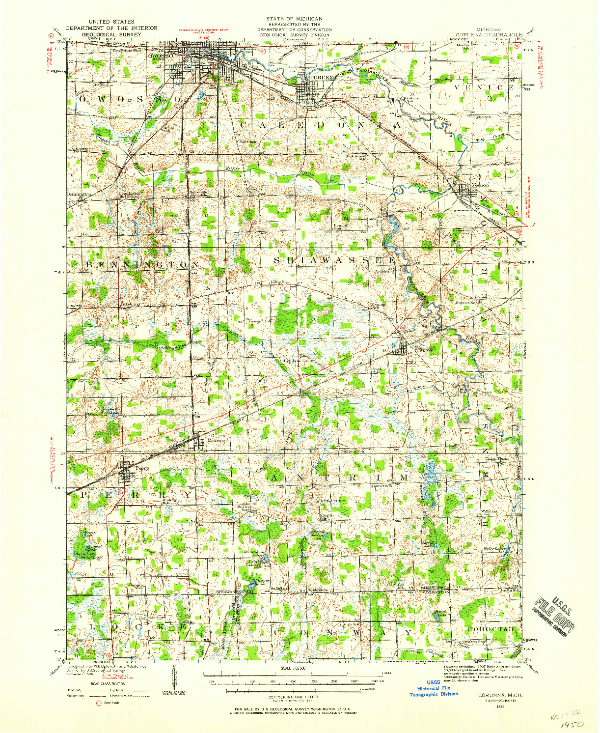 USGS 1:62500-SCALE QUADRANGLE FOR CORUNNA, MI 1926