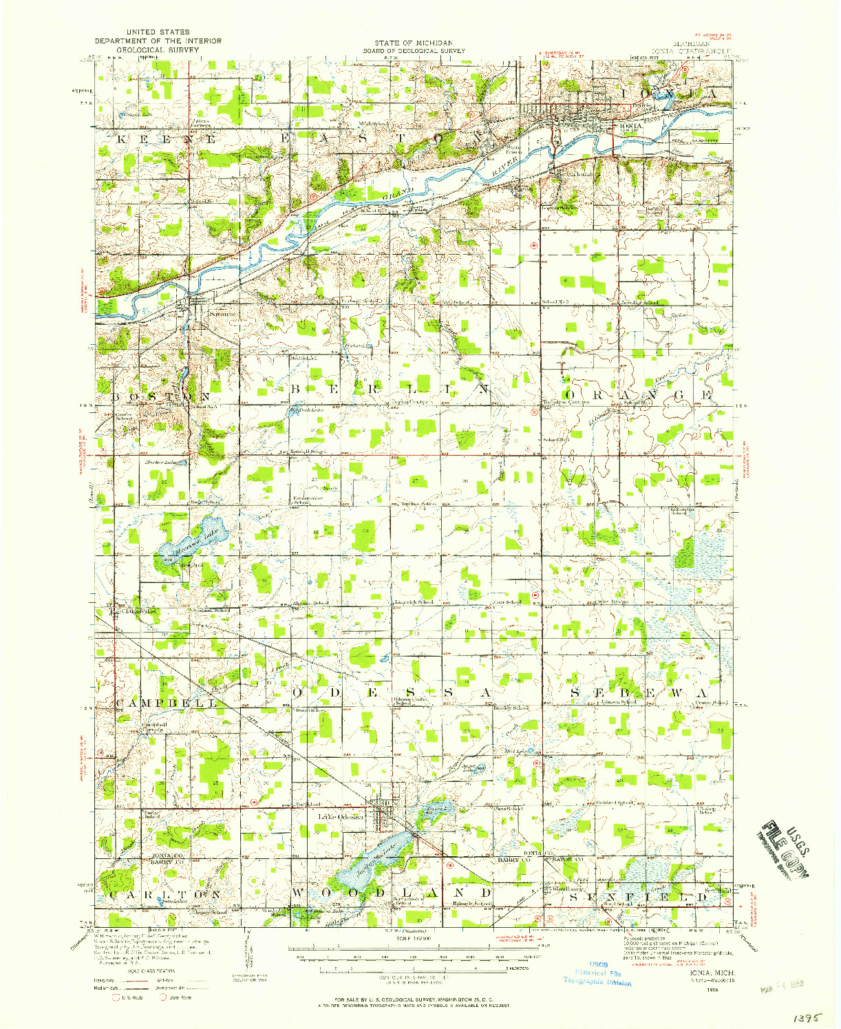 USGS 1:62500-SCALE QUADRANGLE FOR IONIA, MI 1916