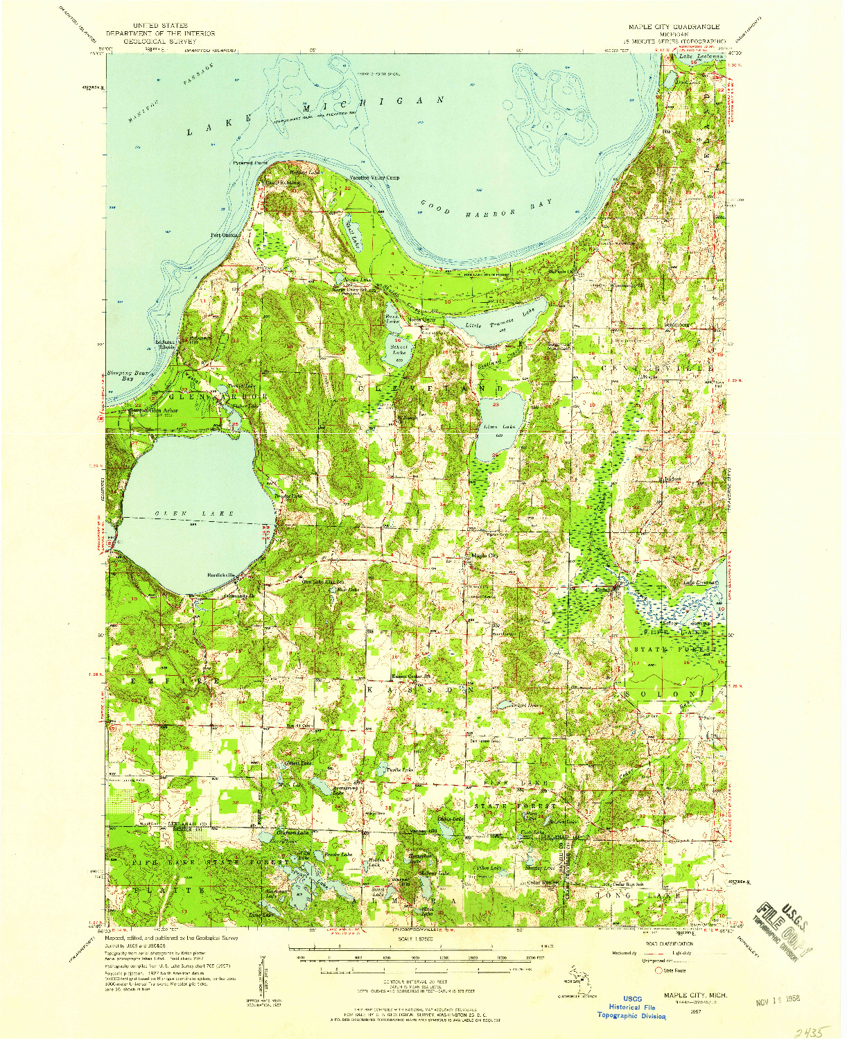 USGS 1:62500-SCALE QUADRANGLE FOR MAPLE CITY, MI 1957