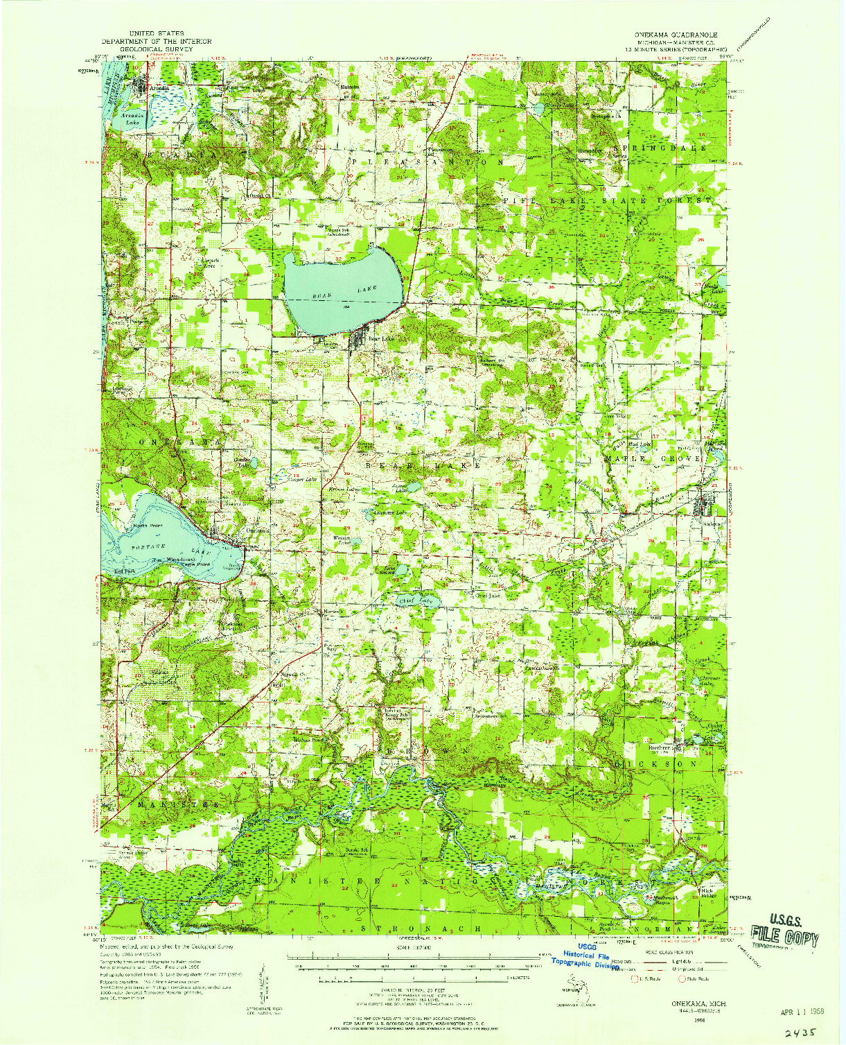 USGS 1:62500-SCALE QUADRANGLE FOR ONEKAMA, MI 1956