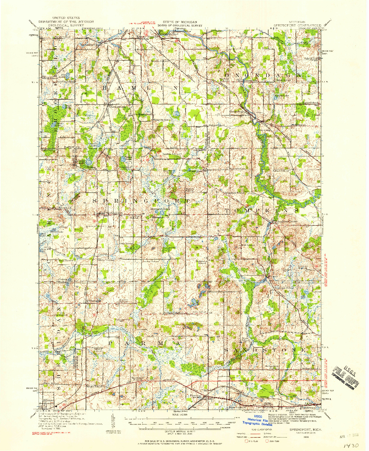 USGS 1:62500-SCALE QUADRANGLE FOR SPRINGPORT, MI 1919