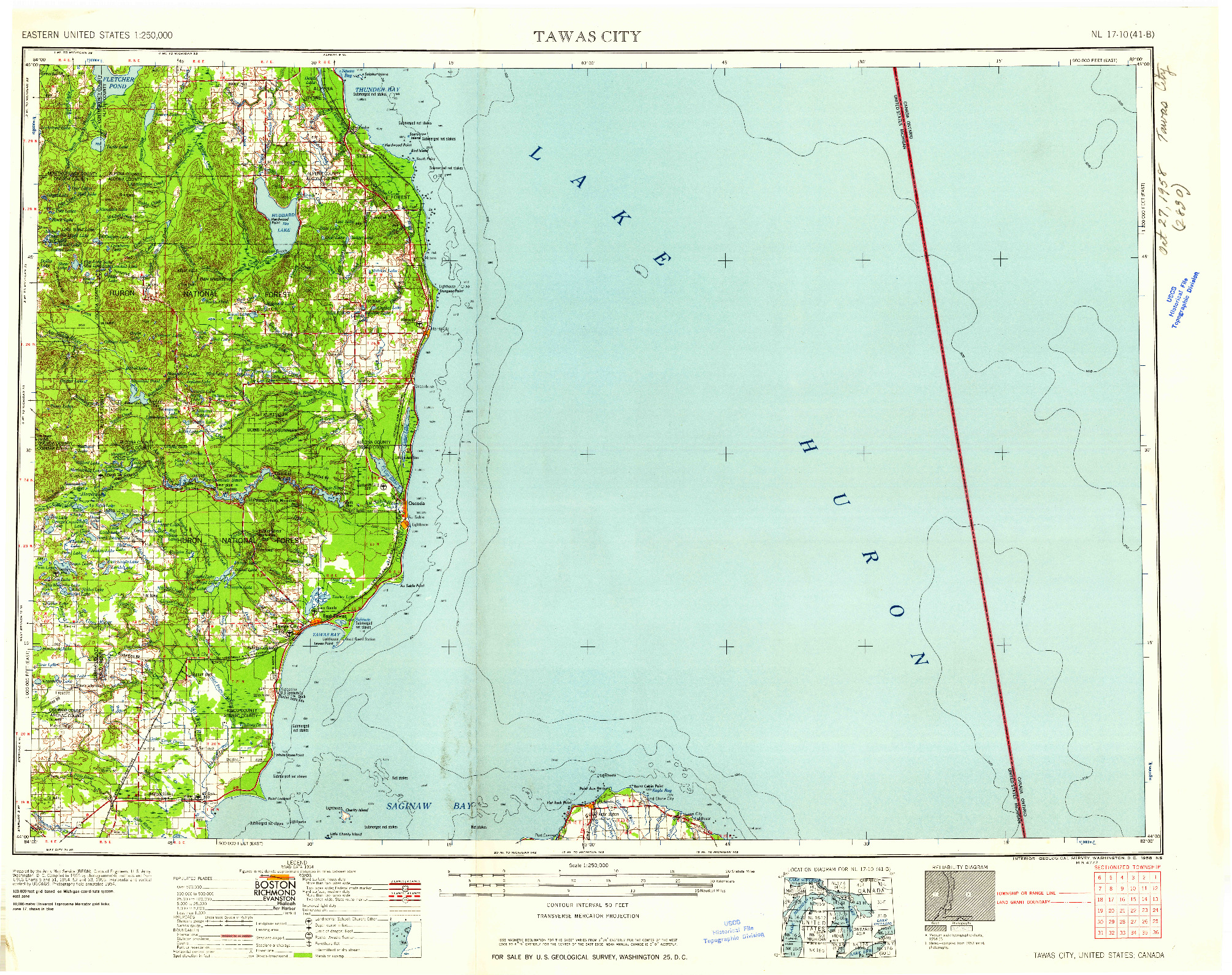 USGS 1:250000-SCALE QUADRANGLE FOR TAWAS CITY, MI 1958
