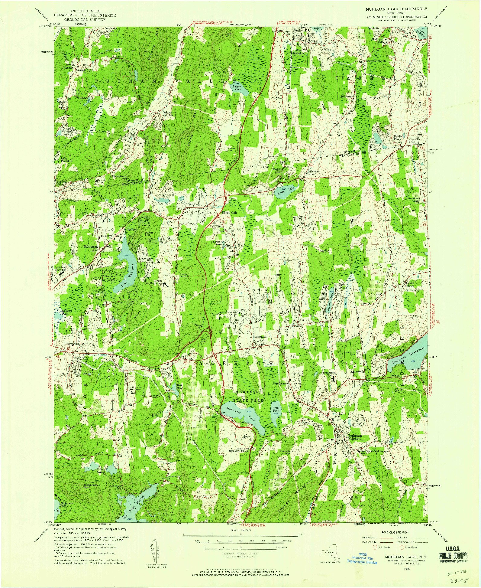 USGS 1:24000-SCALE QUADRANGLE FOR MOHEGAN LAKE, NY 1956