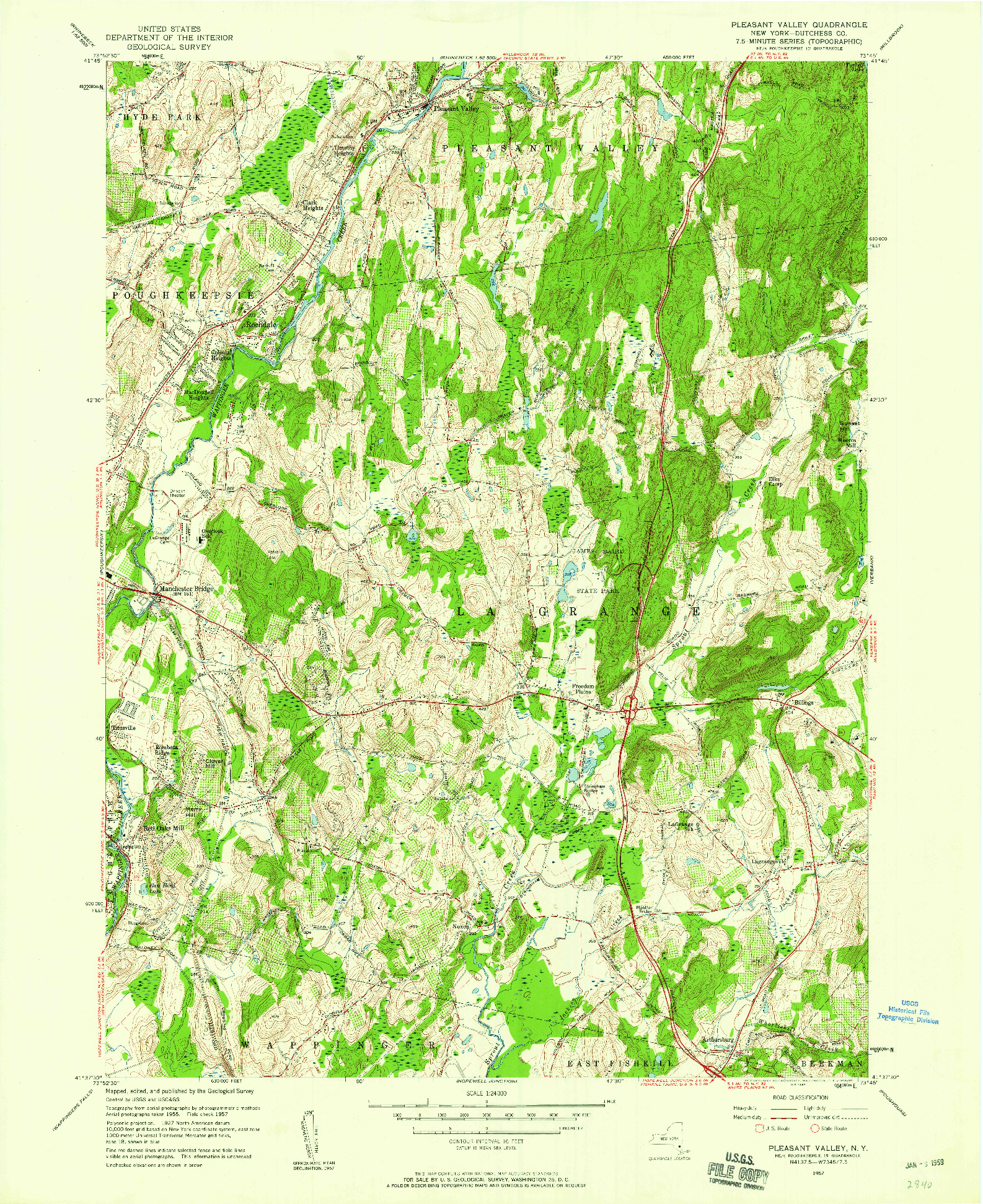 USGS 1:24000-SCALE QUADRANGLE FOR PLEASANT VALLEY, NY 1957